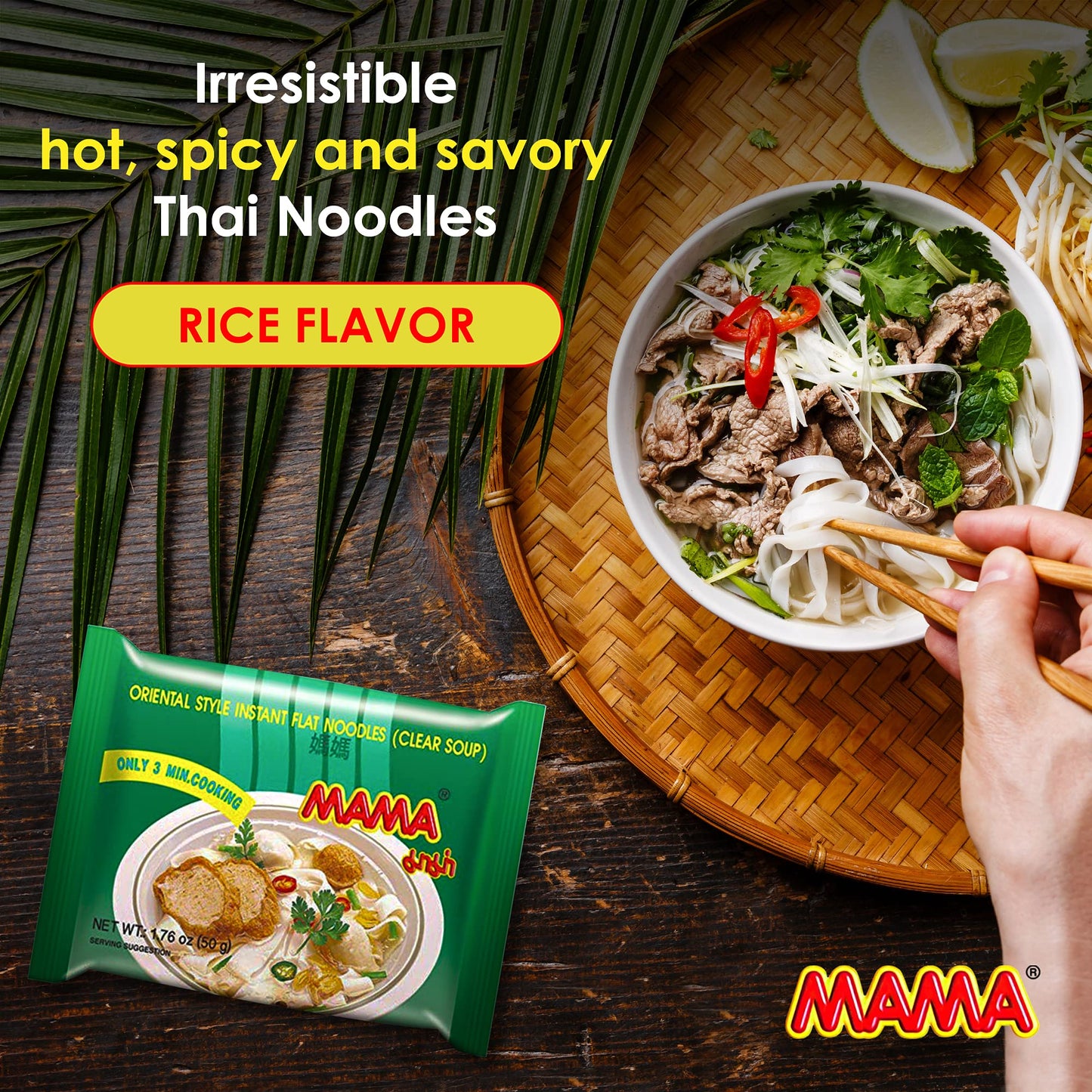 Mama Noodles Flat Clear Soup Instant Rice Noodles W/Delicious Thai Flavors, Hot & Spicy Noodles, No Trans Fat W/Fewer Calories T