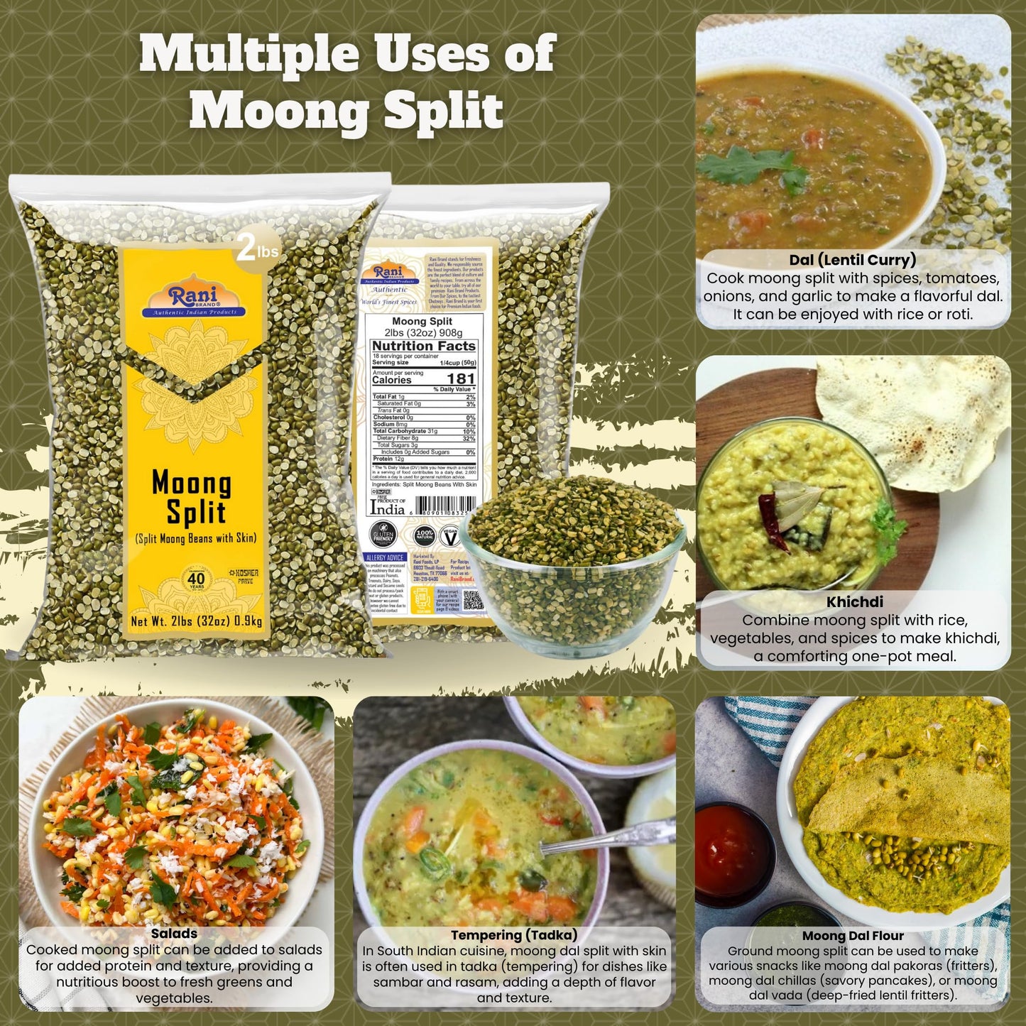 Rani Moong Split (Split Mung Beans With Skin) Lentils Indian 32Oz (2Lbs) 908G ~ All Natural | Gluten Friendly | Non-Gmo | Vegan | Indian Origin