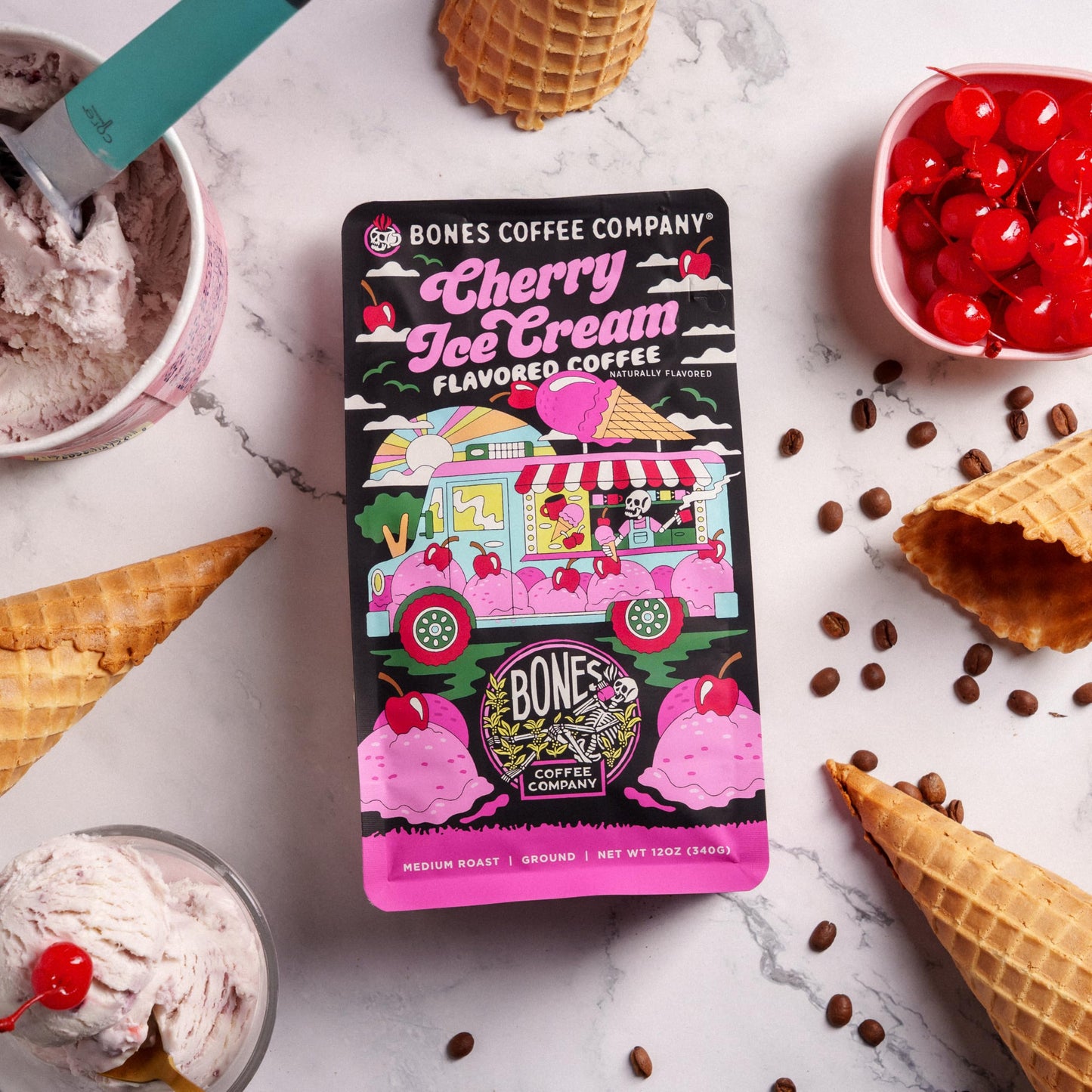 Bones Coffee Company Cherry Ice Cream Flavored Coffee Beans, Medium Roast Whole Bean Coffee Low Acid, Cherry Ice Cream Flavor (1