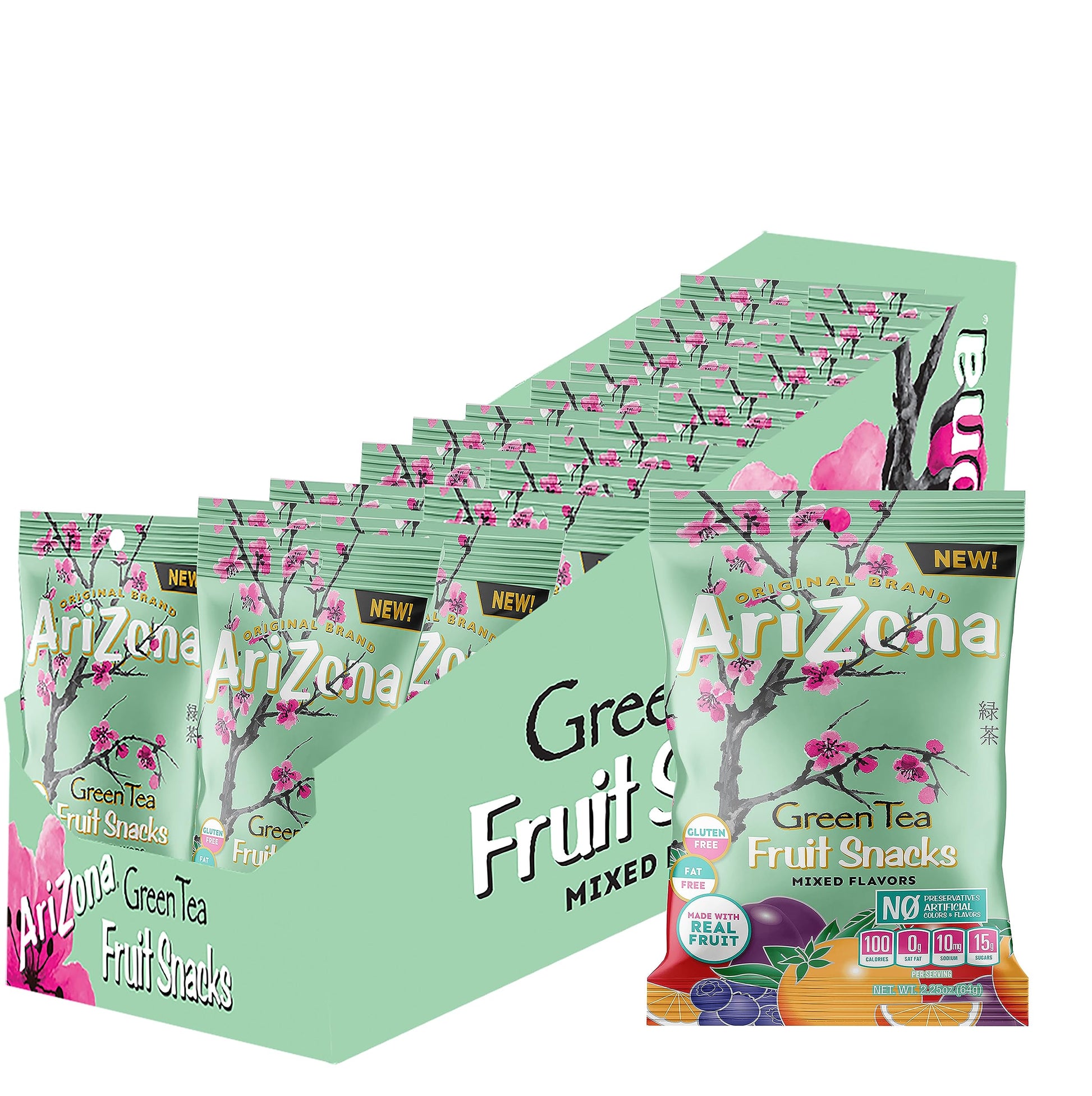 AriZona Fruit Snacks, Green Tea Gluten Free Gummy Chews, 2.25 Ounce Individual Single Serve Bags (Pack of 24)