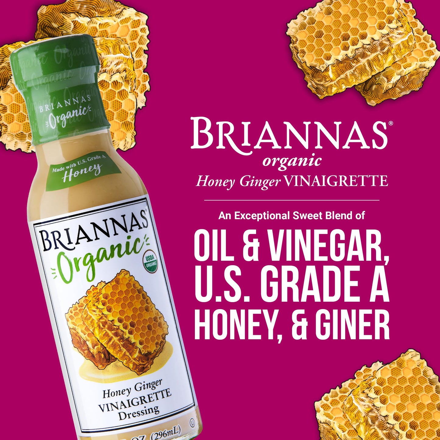 Briannas - Organic Honey Ginger Vinaigrette Dressing - Certified Kosher & Organic Salad Dressing Made With Premium Ingredients -