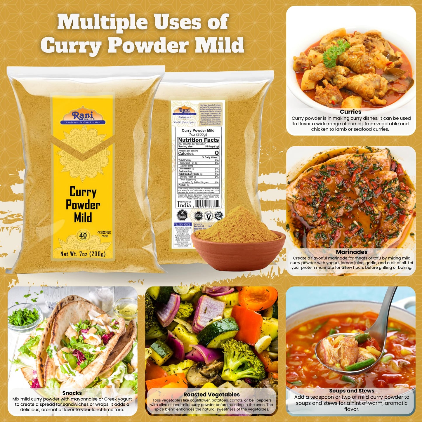 Rani Curry Powder Mild (10-Spice Authentic Indian Blend) 7Oz (200G) ~ All Natural | Salt-Free | No Chili Or Peppers | Vegan | No