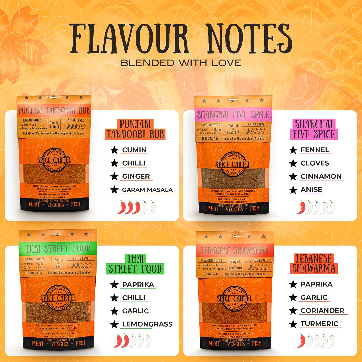 Spice Cartel Asian Street Food Herb & Spice Blends Collection, 4 Resealable Pouches, 4.94 oz Total Weight