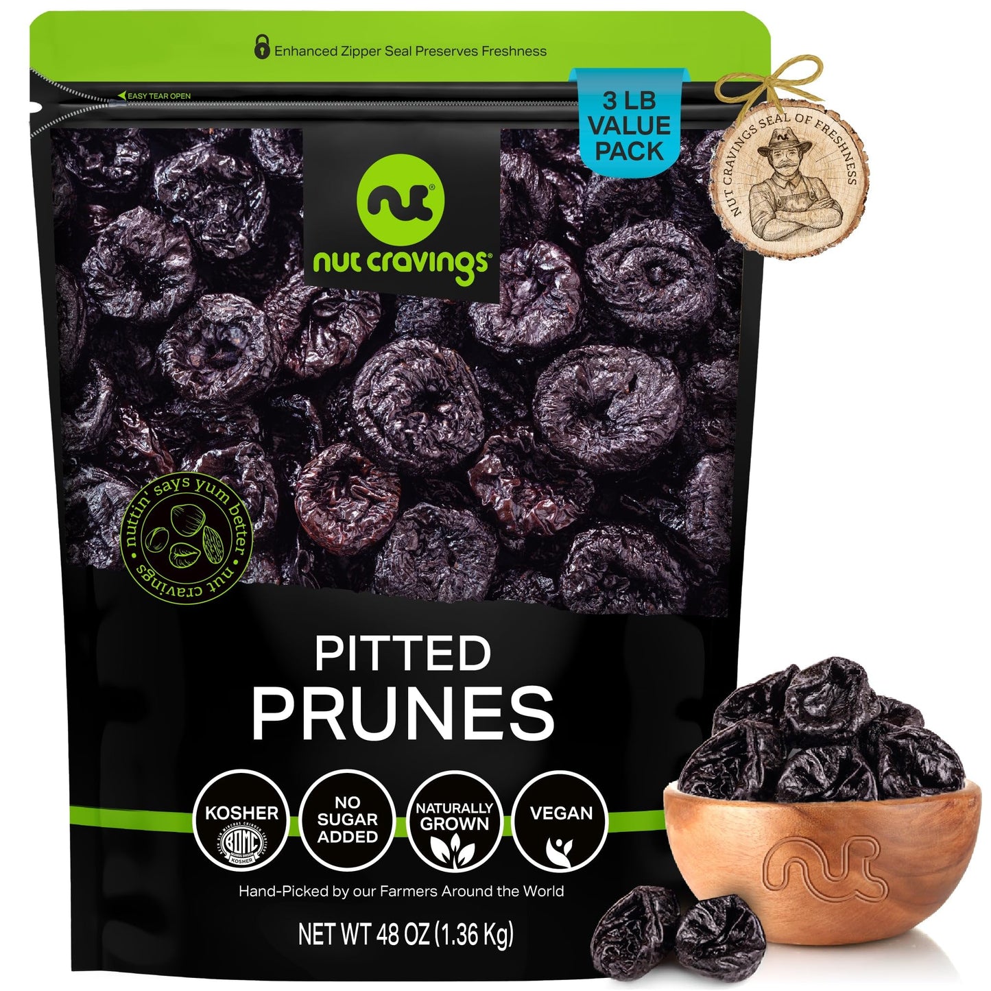 Dried Prunes Pitted Unsweetened, Dry Plums No Sugar Added (48Oz - 3 Lb) Packed Fresh In Resealable Bag - Sweet Fruit Snack Treat