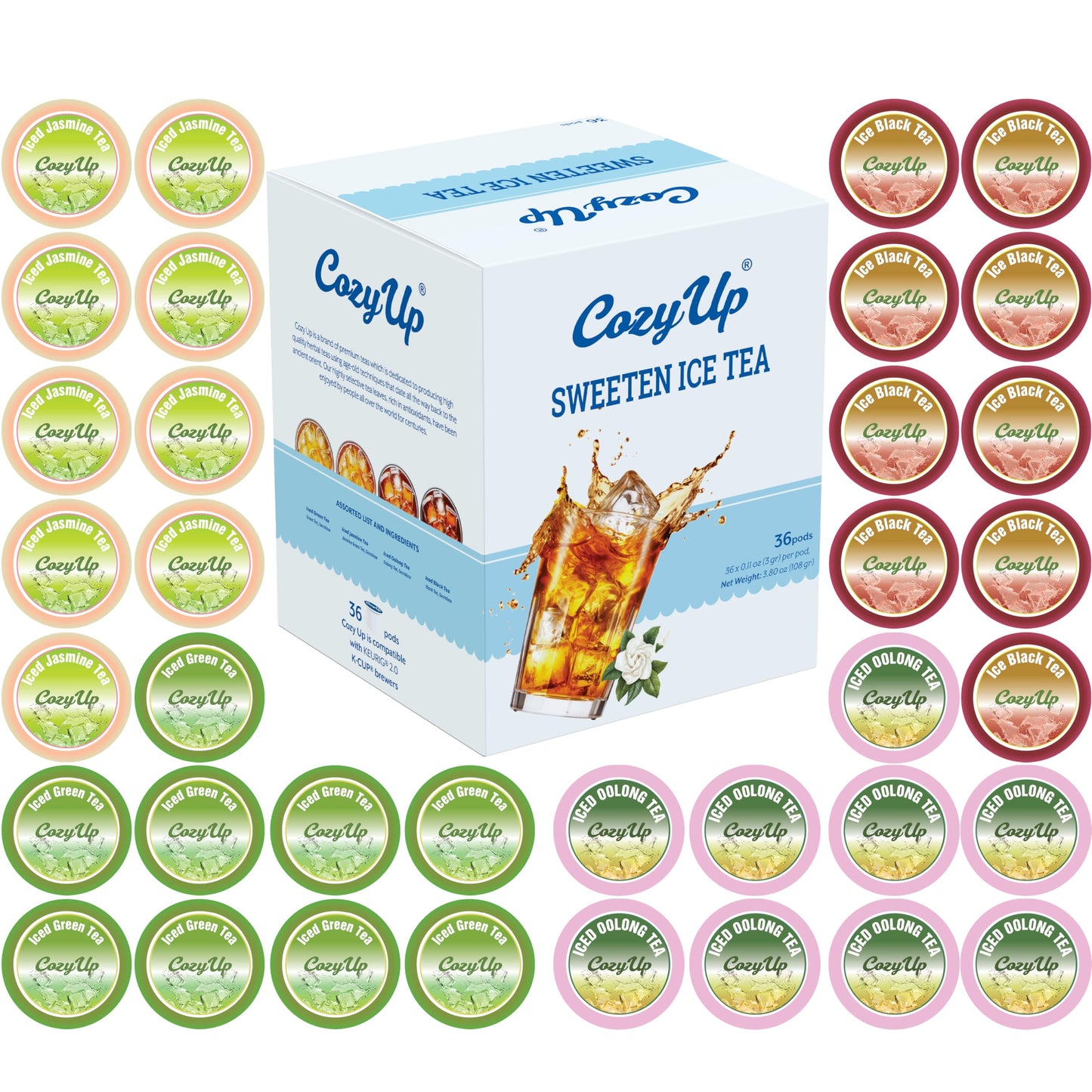 Cozy Up Iced Sweet Tea Variety Pack - 36 Count Single Serve Pods for Keurig - Sweetened Black, Green, Jasmine Green & Oolong Black Tea