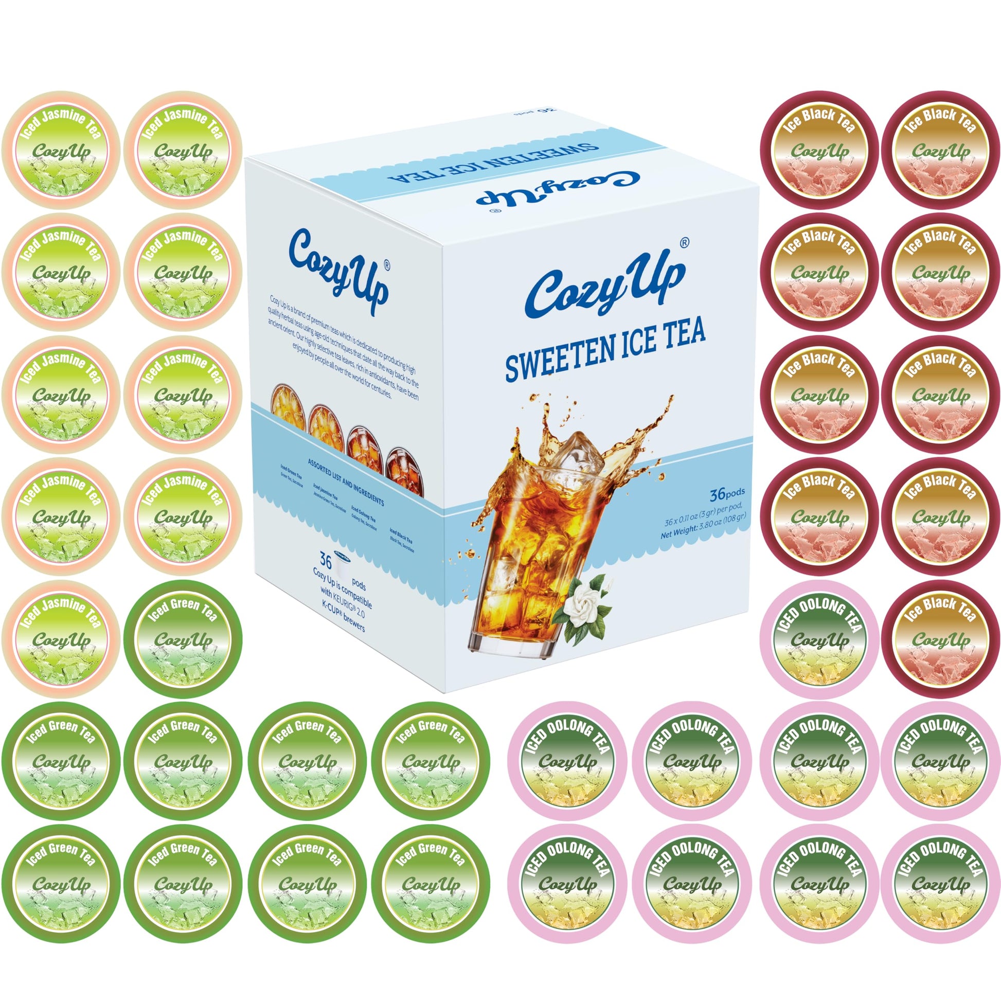 Cozy Up Iced Sweet Tea Variety Pack - 36 Count Single Serve Pods for Keurig - Sweetened Black, Green, Jasmine Green & Oolong Black Tea