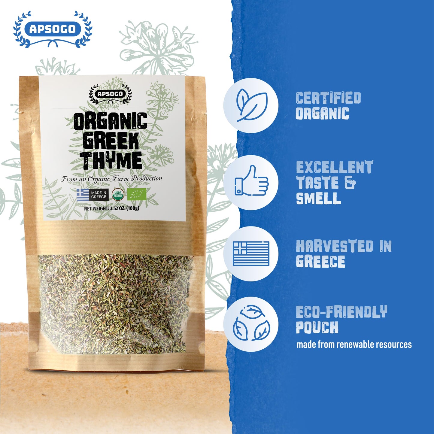 Apsogo Dried Organic Thyme From Greece - Premium Quality & Exceptional Taste, Perfect As A Spice Or Thyme Tea (3.52Oz)