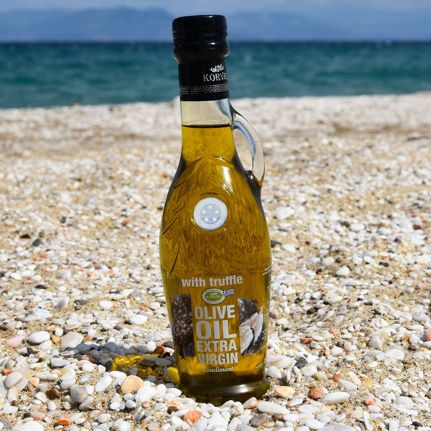 KORVEL Extra Virgin Olive Oil with Truffle, Glass Bottle Amphora, 250 ml (8.45 fl oz)