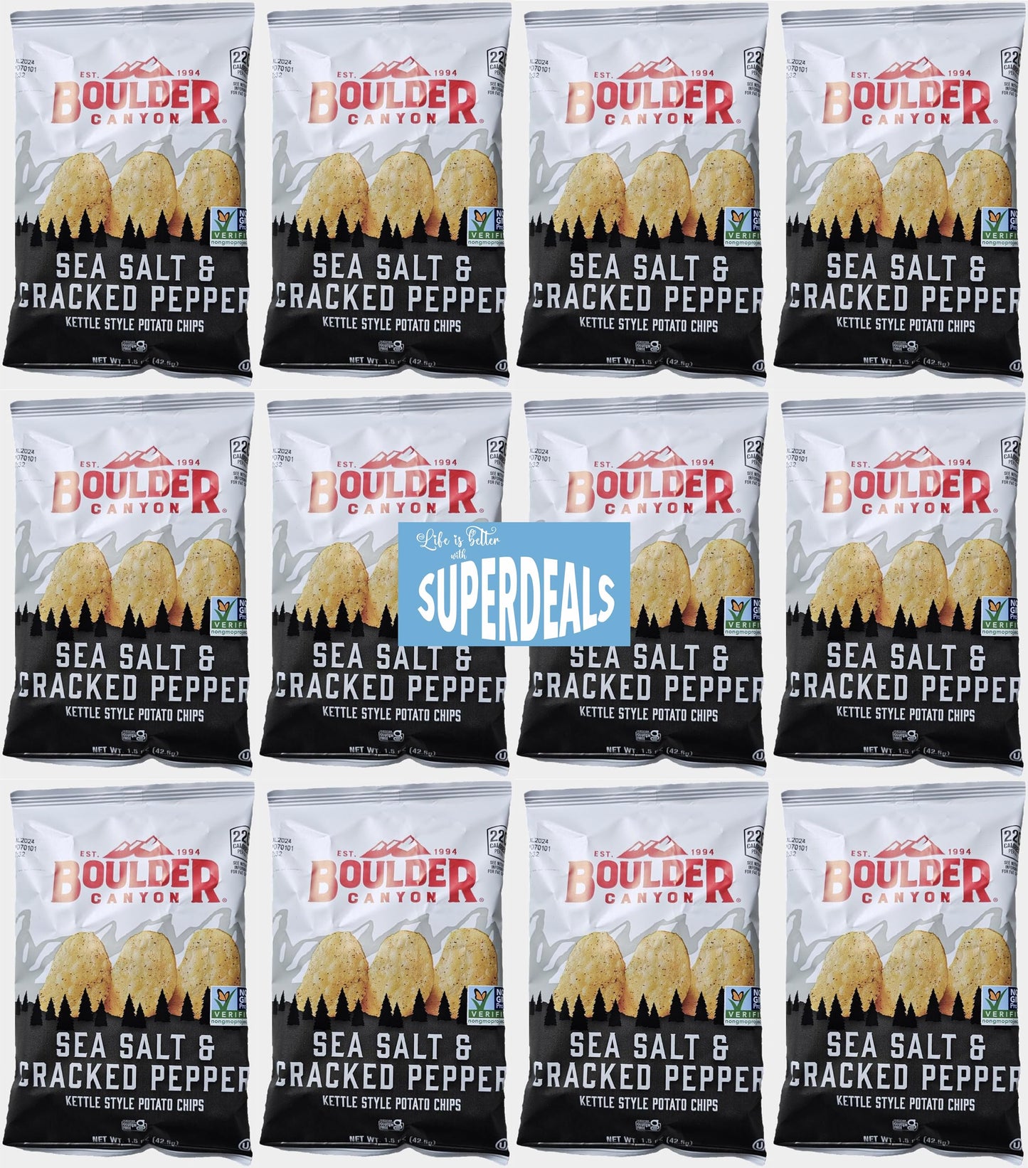 Boulder Canyon | Sea Salt & Cracked Pepper | Kettle Style Potato Chips| 1.5 Ounce | Pack of 12 Bundled by SUPERDEALS with Myster