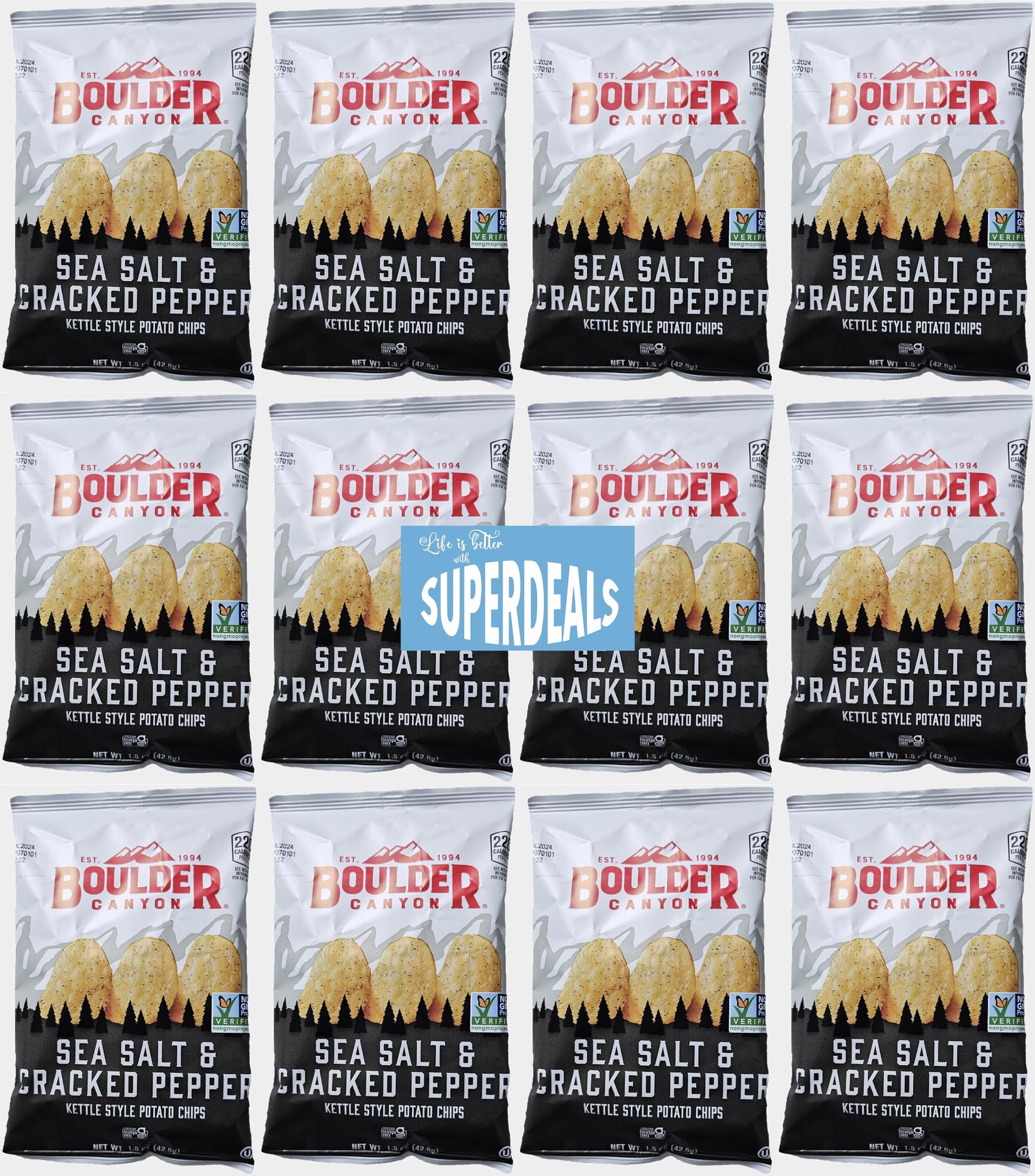 Boulder Canyon | Sea Salt & Cracked Pepper | Kettle Style Potato Chips| 1.5 Ounce | Pack of 12 Bundled by SUPERDEALS with Myster