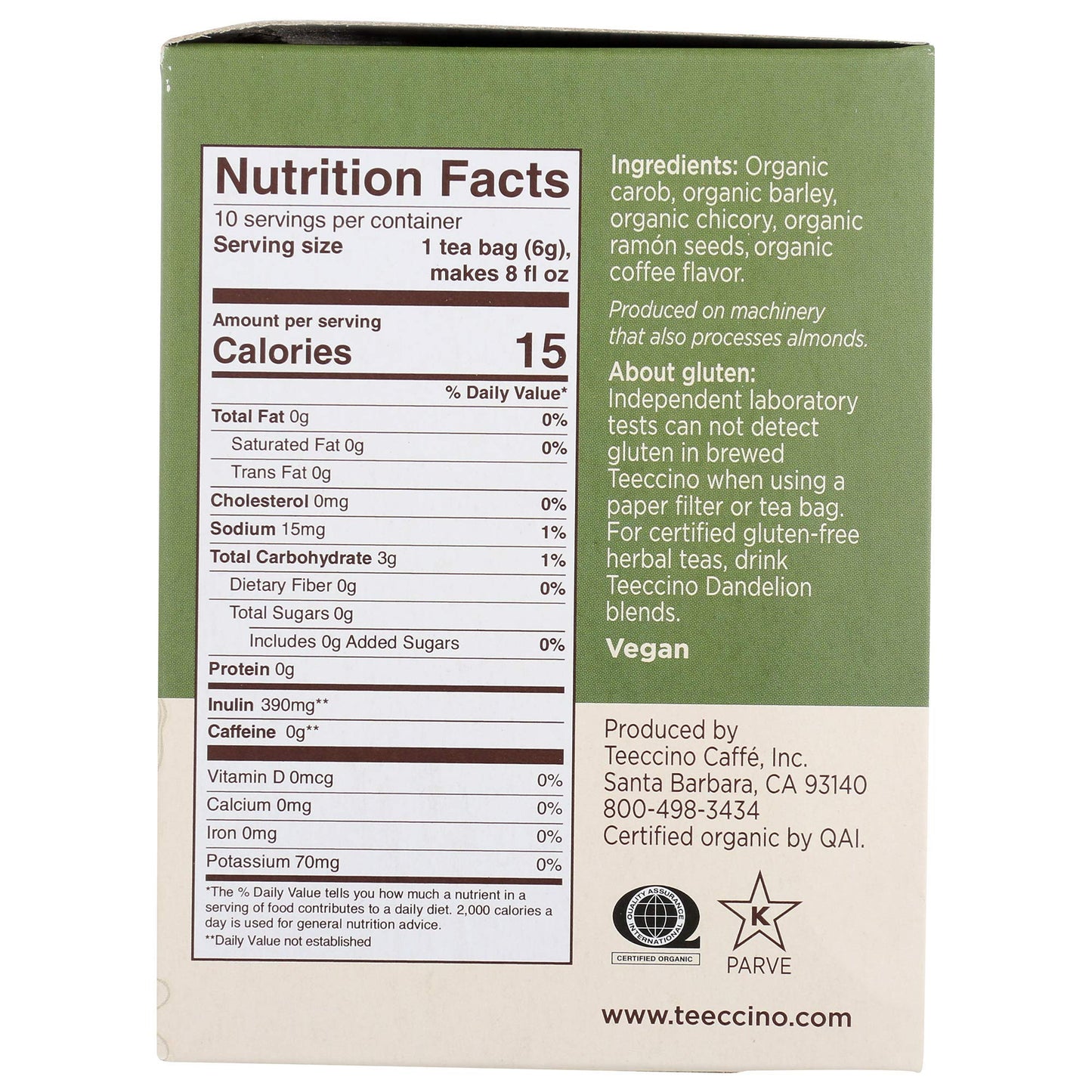 Teeccino Herbal Tea Variety Pack - Caffeine Free, Prebiotic - 10 Tea Bags (Pack of 4) - Vanilla Nut, Hazelnut, Maca Chocolaté, French Roast