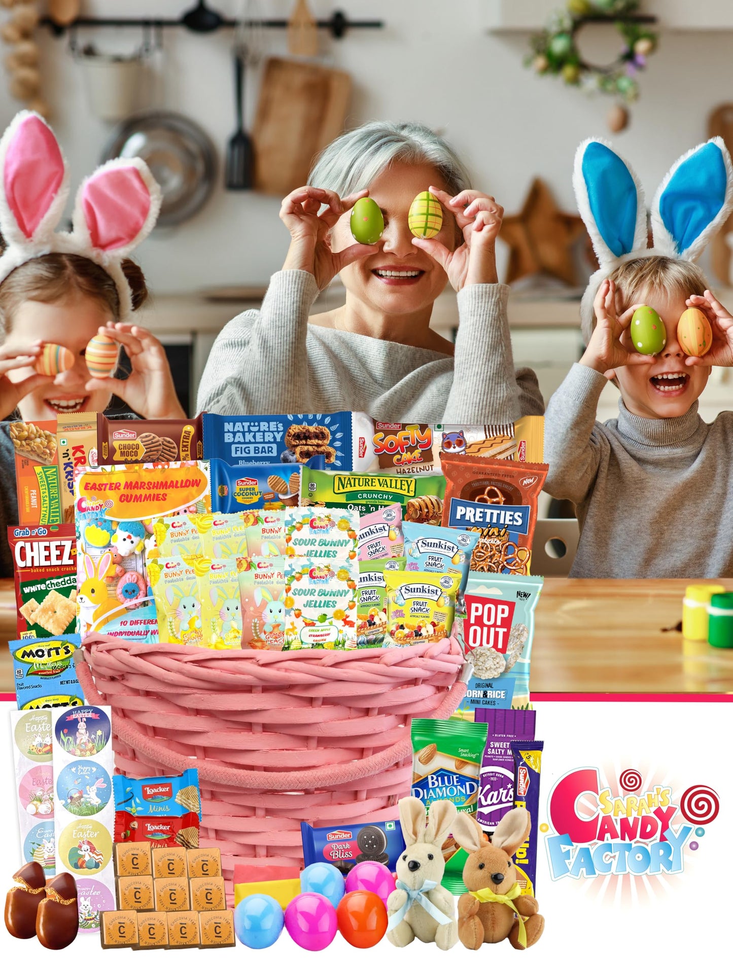 Easter Pink Round Willow Basket (70 Ct) Filled With Treats, Snacks, Candy, Peelable Gummies, Marshmallow Gummies, Bunny And More