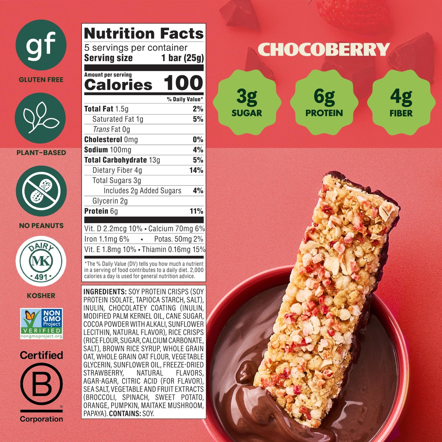 Simply Protein - Chocoberry Dipped Bars  20 Count - Plant Based Protein Snack Bars - Snacks for Kids - 6g Protein  3g Sugar  & 100 Calories - Vegan  Gluten Free  Non GMO  & Kosher - 4 Boxes
