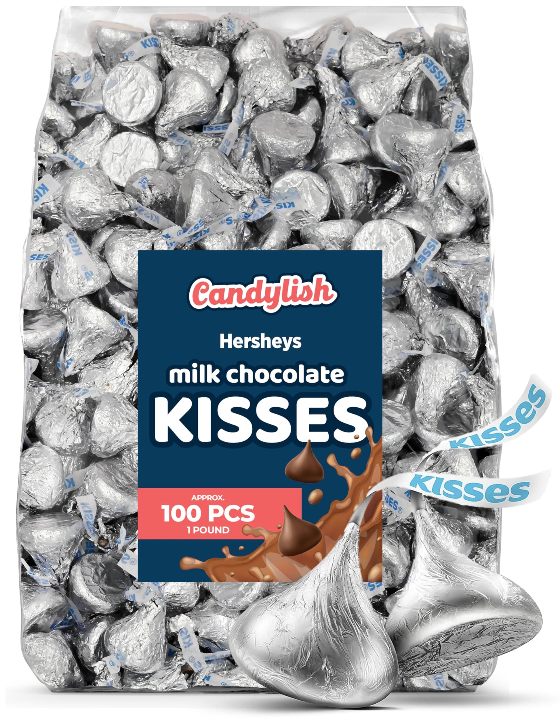 Hershys Kisses Milk Chocolate, Classic Silver Wraps, 1 Pound Bag (Approx. 100 Pieces) - Perfect For Gifts, Parties, And Special