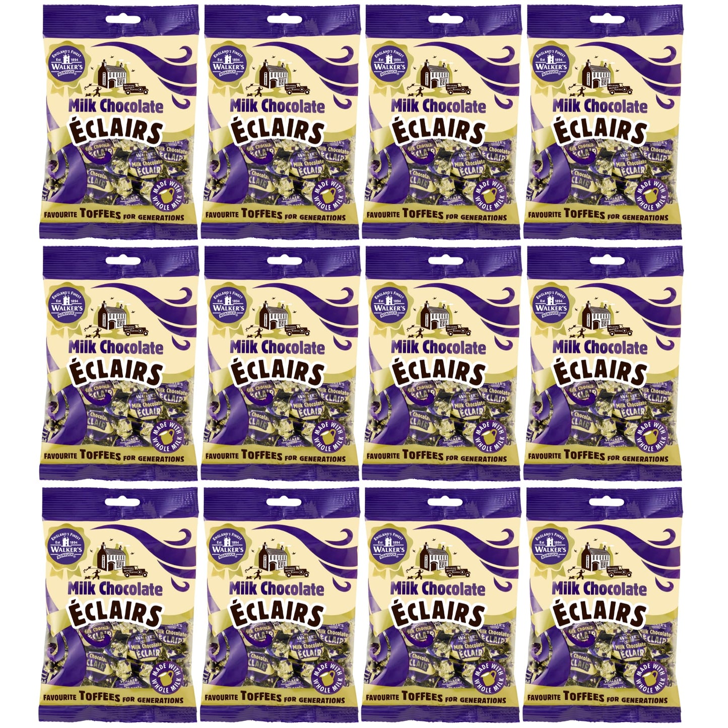 Walkers Nonsuch Milk Chocolate Eclairs 5.29 Oz (Pack Of 12) - Traditional British Chewy Butter Toffee Candy  Classic English Creamy Toffee Sweets  Imported Uk Chocolates Gourmet Gift