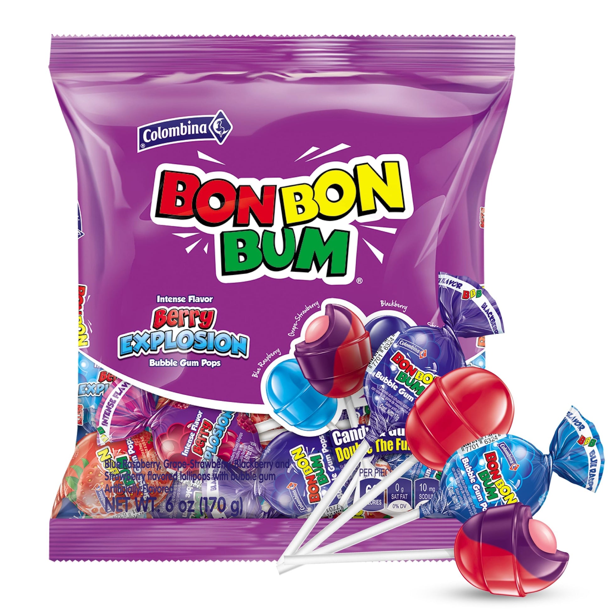 Colombina Bon Bon Bum Lollipops W/Bubble Gum Center, Berry Explosion Mix, Individually Wrapped, Ideal For Party Favors And Gifts