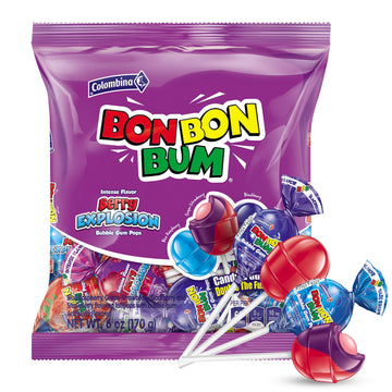 Colombina Bon Bon Bum Lollipops W/Bubble Gum Center, Berry Explosion Mix, Individually Wrapped, Ideal For Party Favors And Gifts