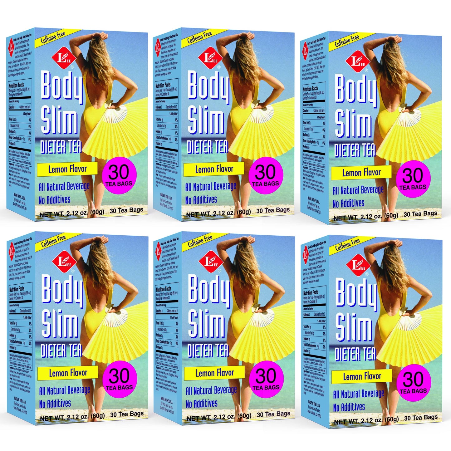 Uncle Lees Tea Body Slim Tea Dieters Tea, Caffeine Free Chinese Herbal Tea with Senna Leaves and Natural Lemon Zest Flavor Tea Bags (6 Pack - 30 Tea Bags Per Box)