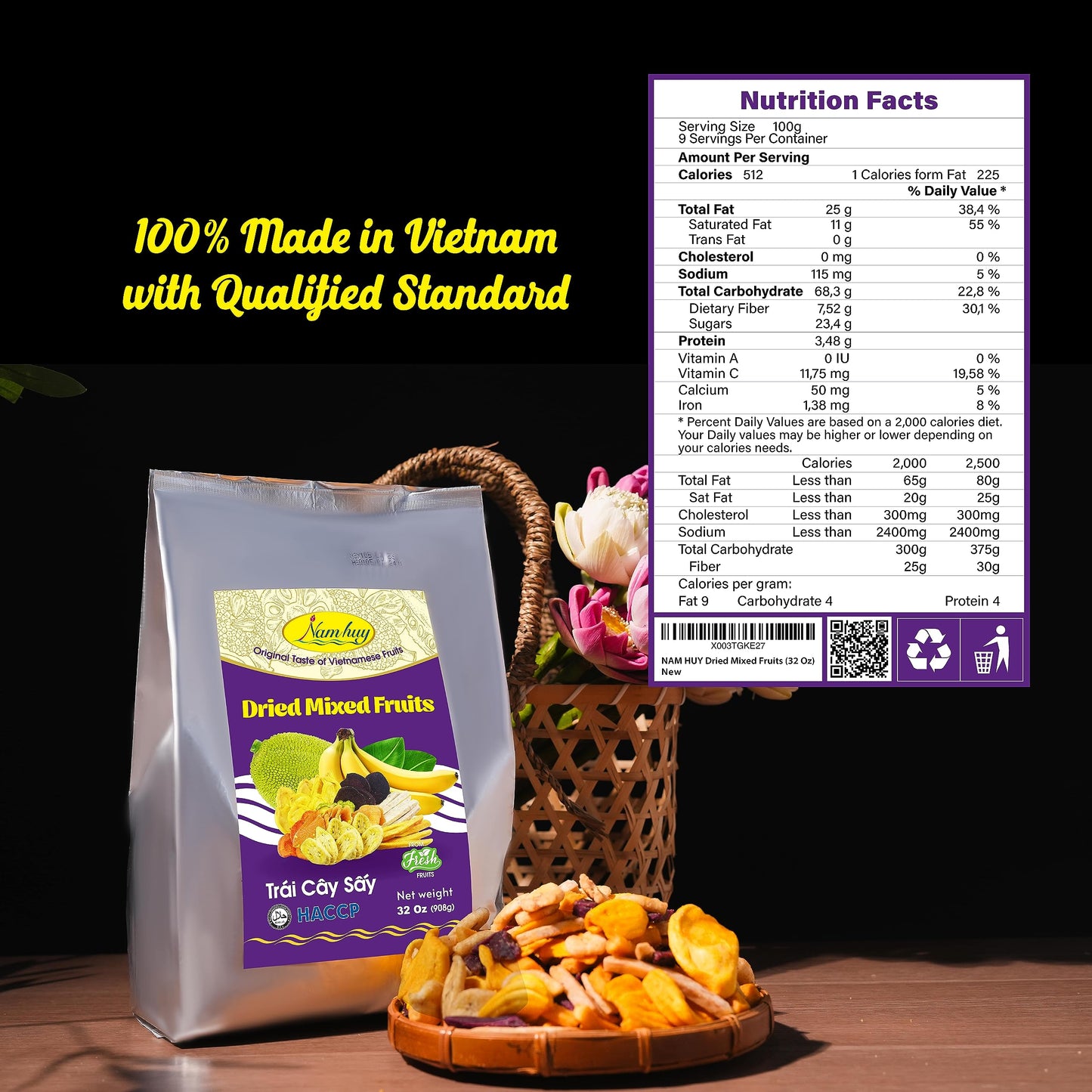 NAM HUY Dried Mixed Fruit Snacks, Vegan, No Added Sugar, 32 Oz