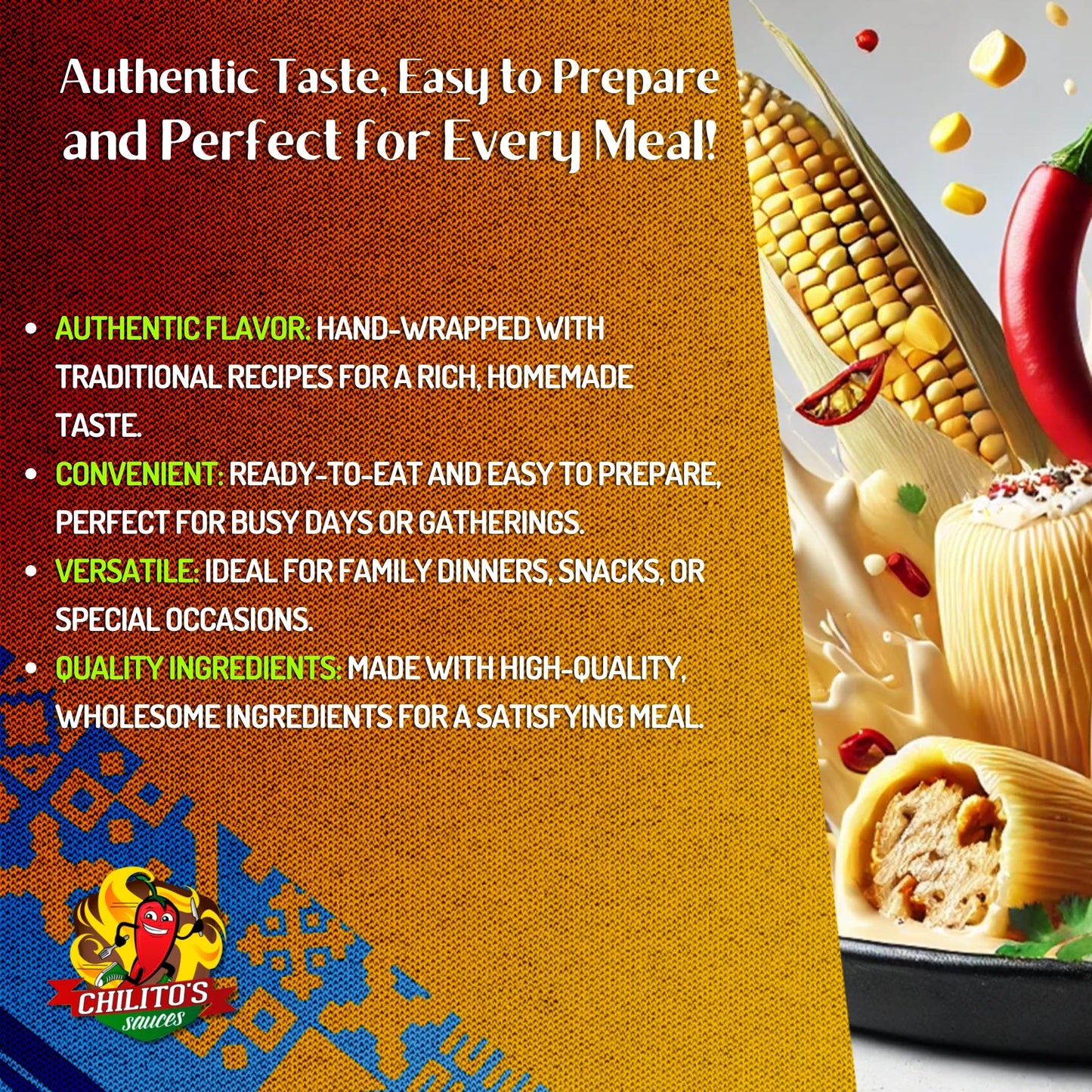 Chilito'S Express Llc, ''Pack With Flavor'' Cream Cheese Chicken Tamales Hand Wrapped On Corn Husks Texas Style (Two 24Oz Dozen)