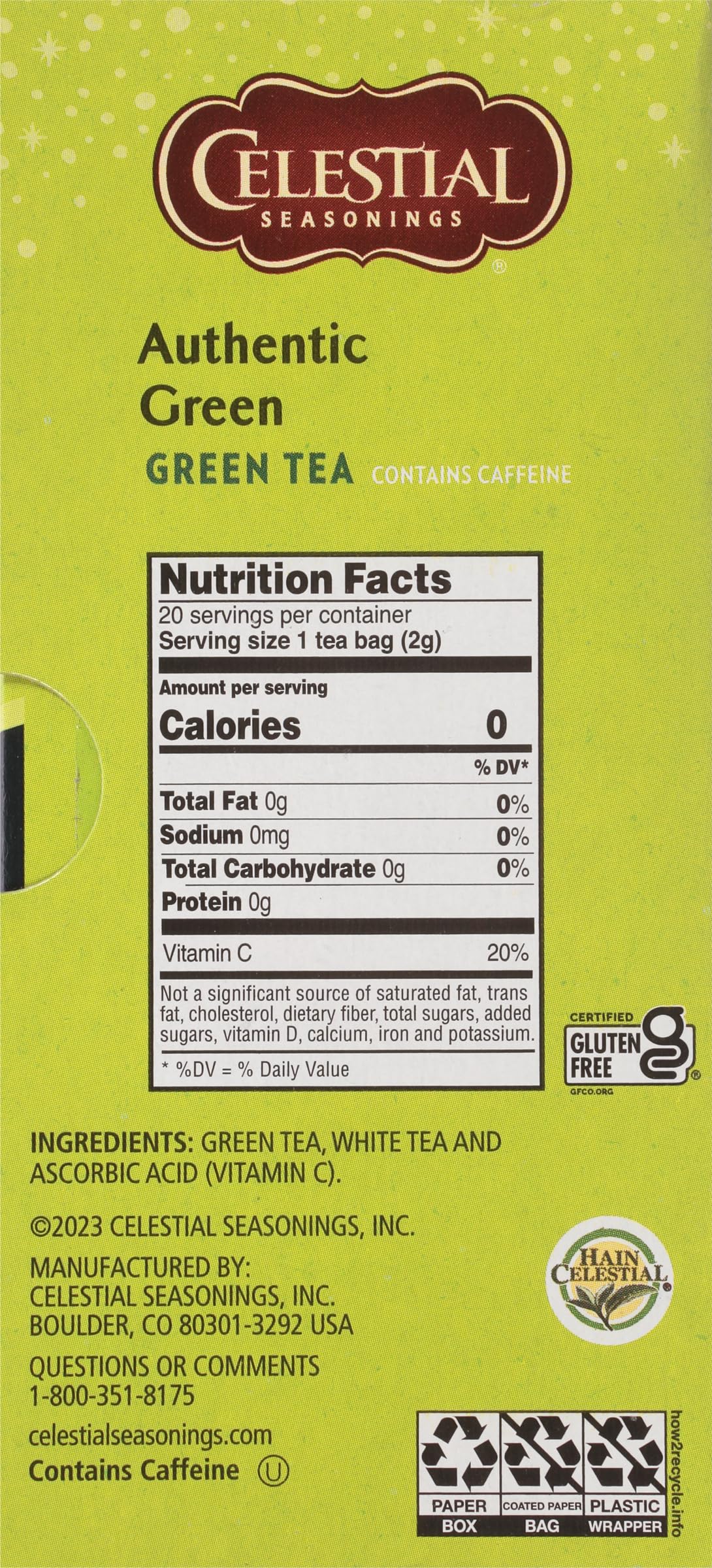Celestial Seasonings Green Tea, Authentic, 20 Tea Bags, Caffeine, Pack of 6, Natural