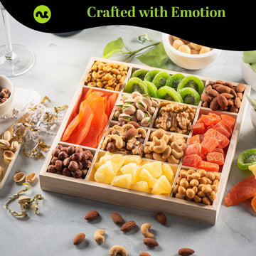 Nut Cravings Gourmet Collection - Happy Birthday Treats, Dried Fruit & Mixed Nuts Gift Basket With Bday Ribbon In Reusable Woode