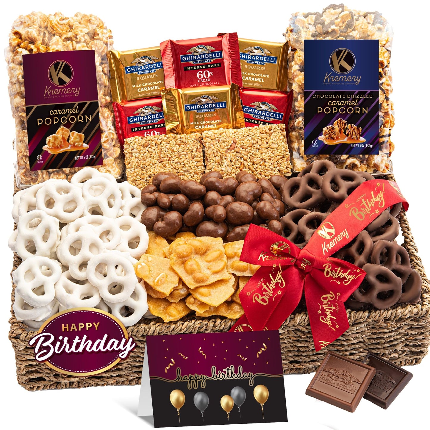 Kremery Creamy Chocolate Cravings - Happy Birthday  , Chocolate Covered Pretzels & Caramel Popcorn Gift Basket, In Seagrass Tray + Ribbon & Greeting Card (Deluxe, 3.5 Lbs) Food Assortments