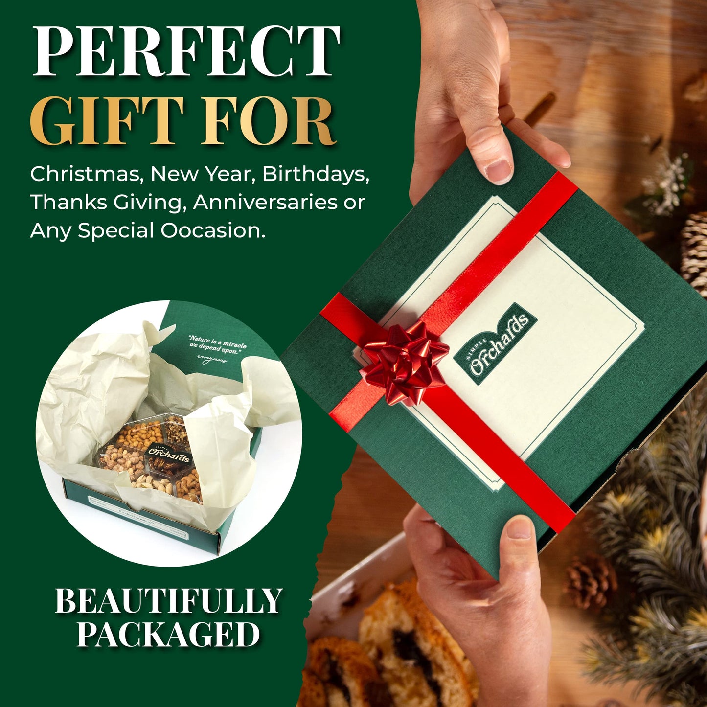 Simple Orchards Holiday Nuts Gift Basket - 7 Sectional - Freshly Roasted Mixed Nuts - Beautifully Packaged