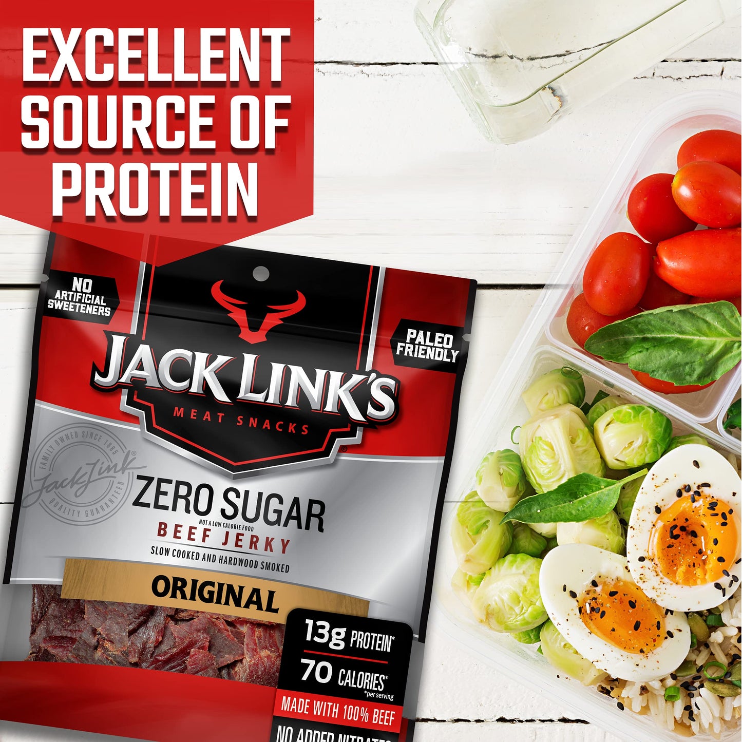 Jack Links Beef Jerky, Zero Sugar, 13g Protein, 70 Calories, 2.3 oz, Paleo Friendly Snack