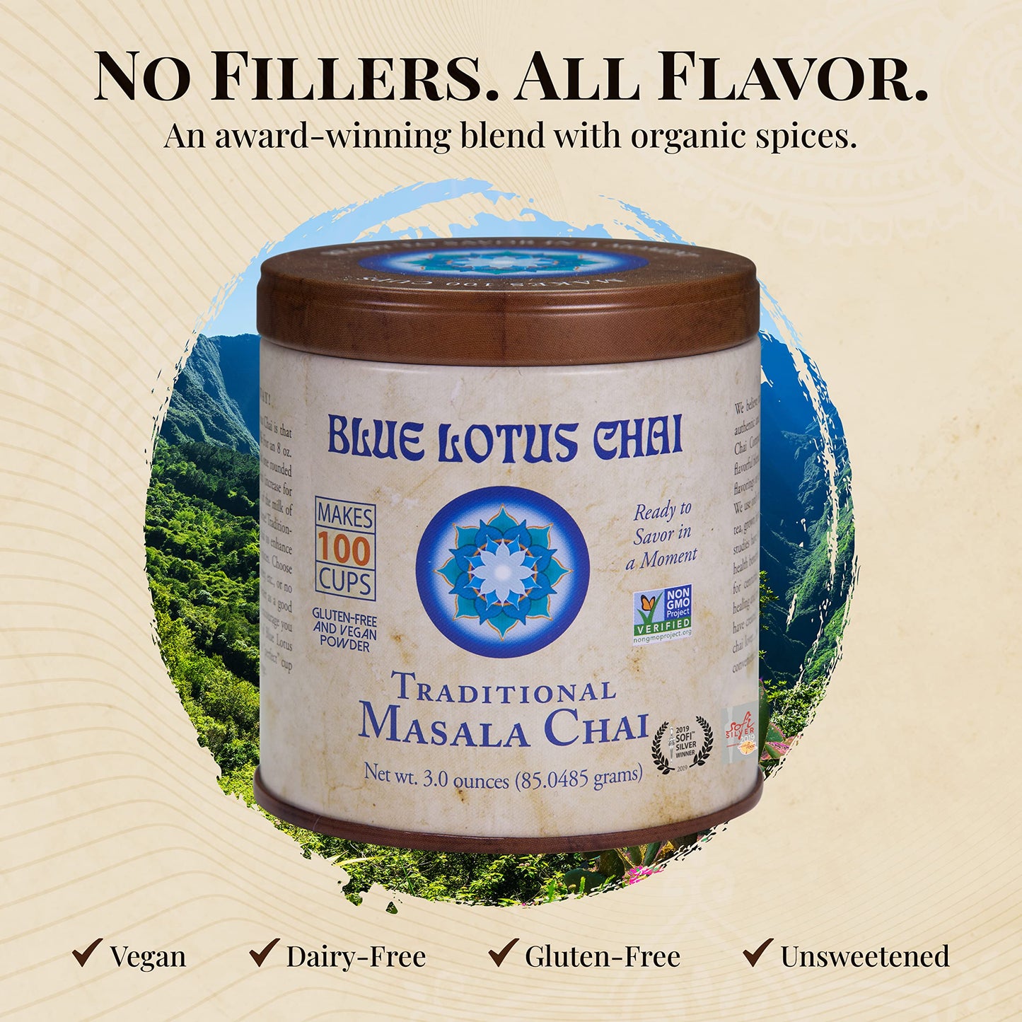 Blue Lotus Chai Tea - Traditional Masala Chai - Makes 100 Cups - 3 Ounce Masala Spiced Chai Powder With Organic Spices - Instant