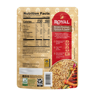 Royal Basmati Brown Rice With Quinoa And Garlic - Ready To Heat Basmati Rice - (6 Pack) 8.5 Oz Microwaveable Pouch
