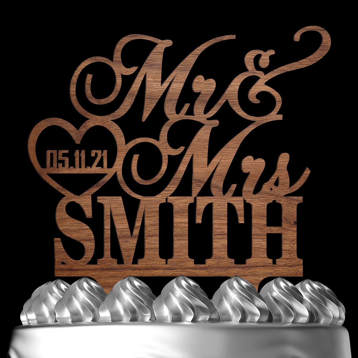 Personalized Mr & Mrs Heart Cake Topper - Customized Wedding Date & Last Name for Bride & Groom | Wood Party Decor for Engagemen