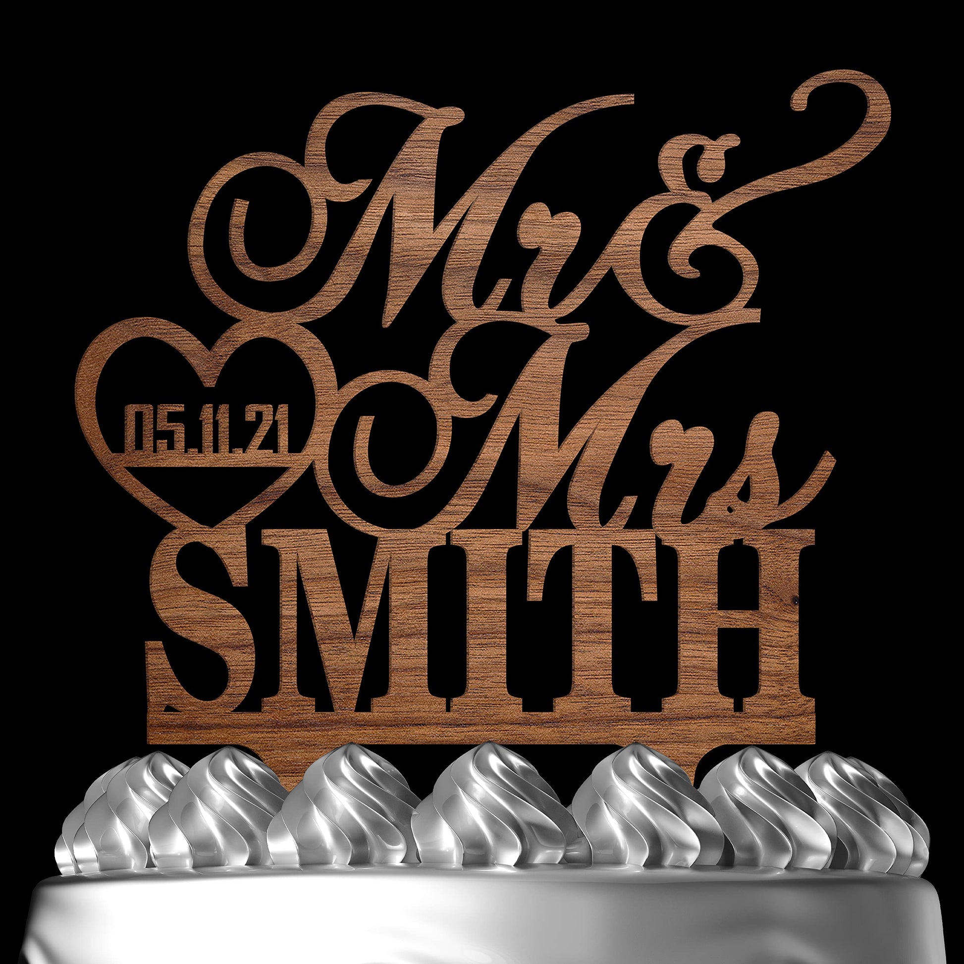 Personalized Mr & Mrs Heart Cake Topper - Customized Wedding Date & Last Name for Bride & Groom | Wood Party Decor for Engagemen