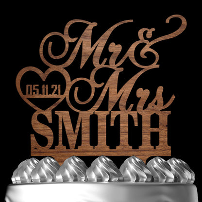 Personalized Mr & Mrs Heart Cake Topper - Customized Wedding Date & Last Name for Bride & Groom | Wood Party Decor for Engagemen