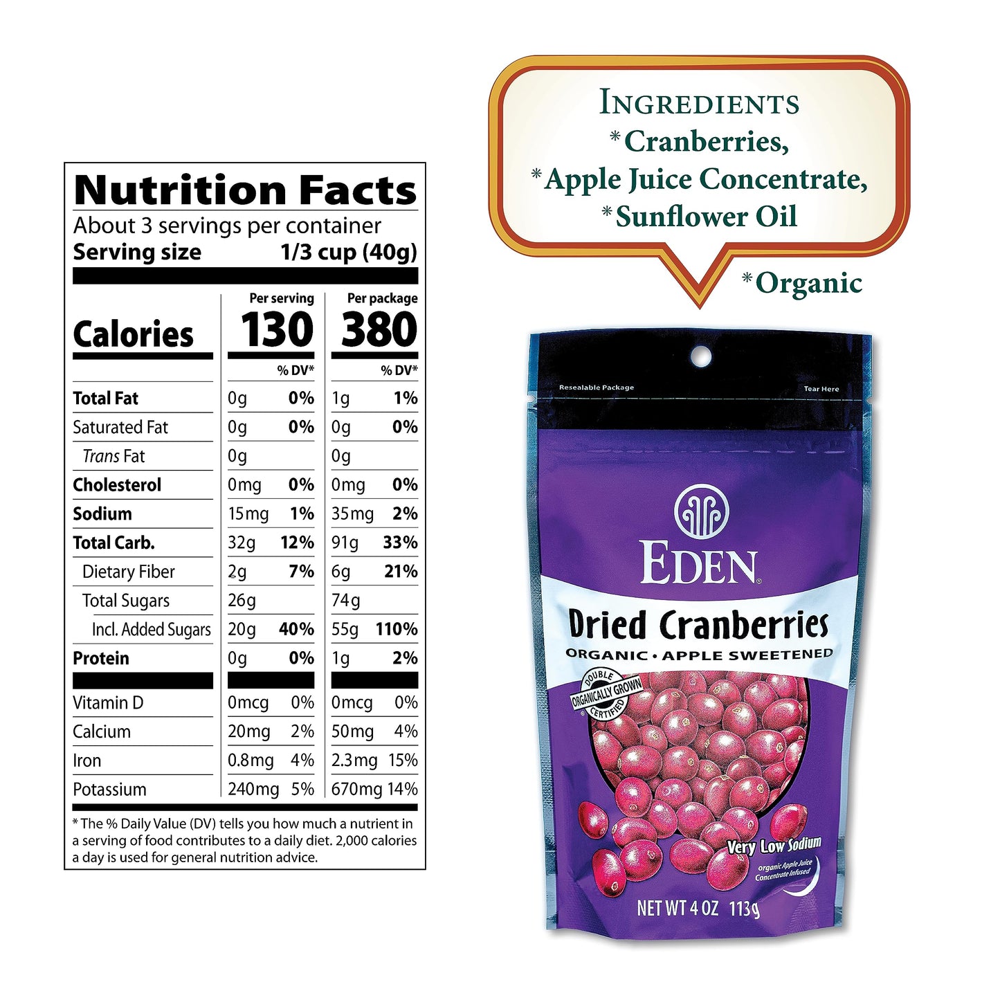 Eden Foods Organic Dried Cranberries Sweetened with Apple Juice - 4 oz