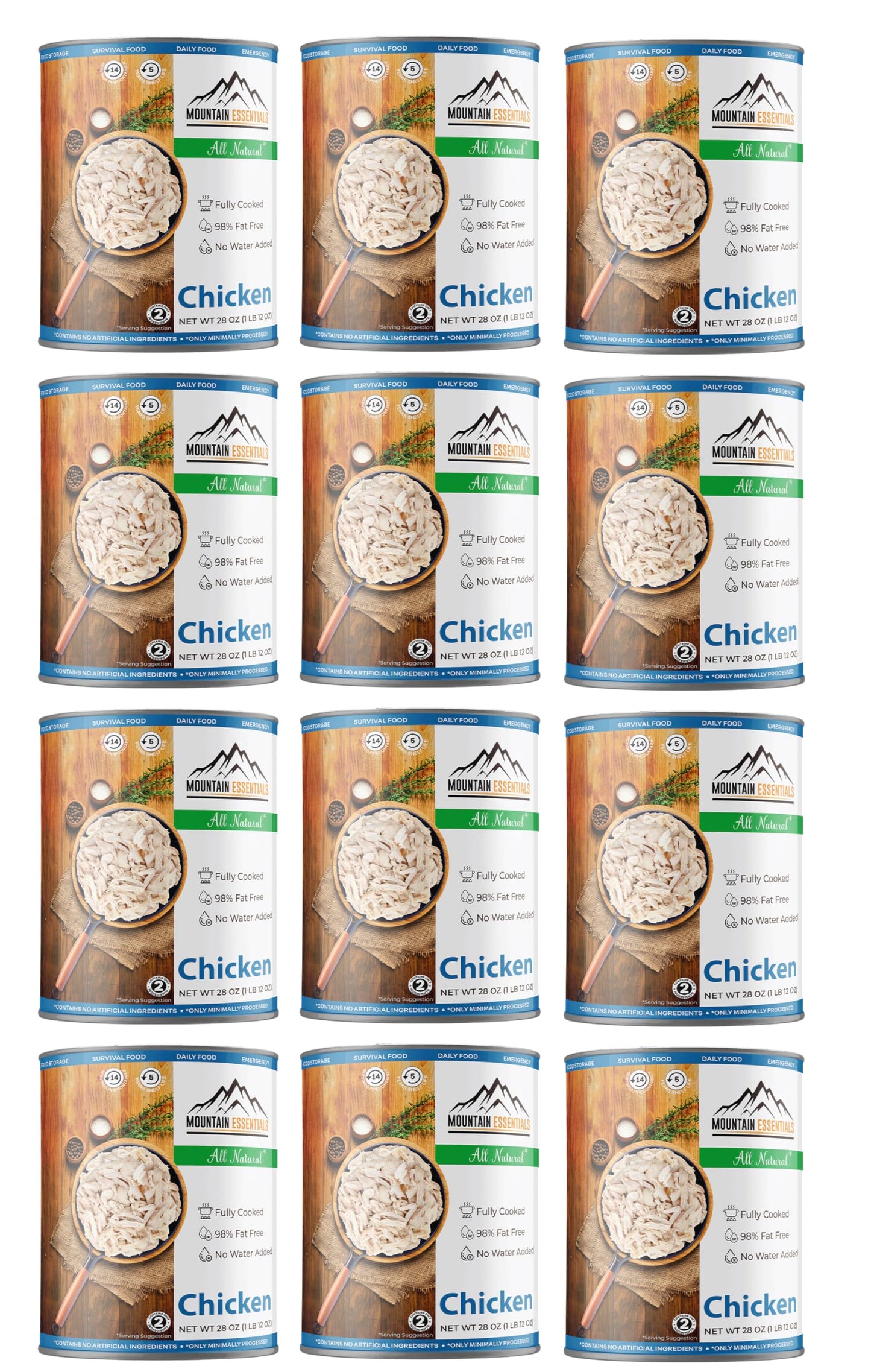 MOUNTAIN ESSENTIALS Fully Cooked Canned Chicken, White Meat, 28 Oz, Pack of 12 - Great for Meals, Camping & Emergency Food