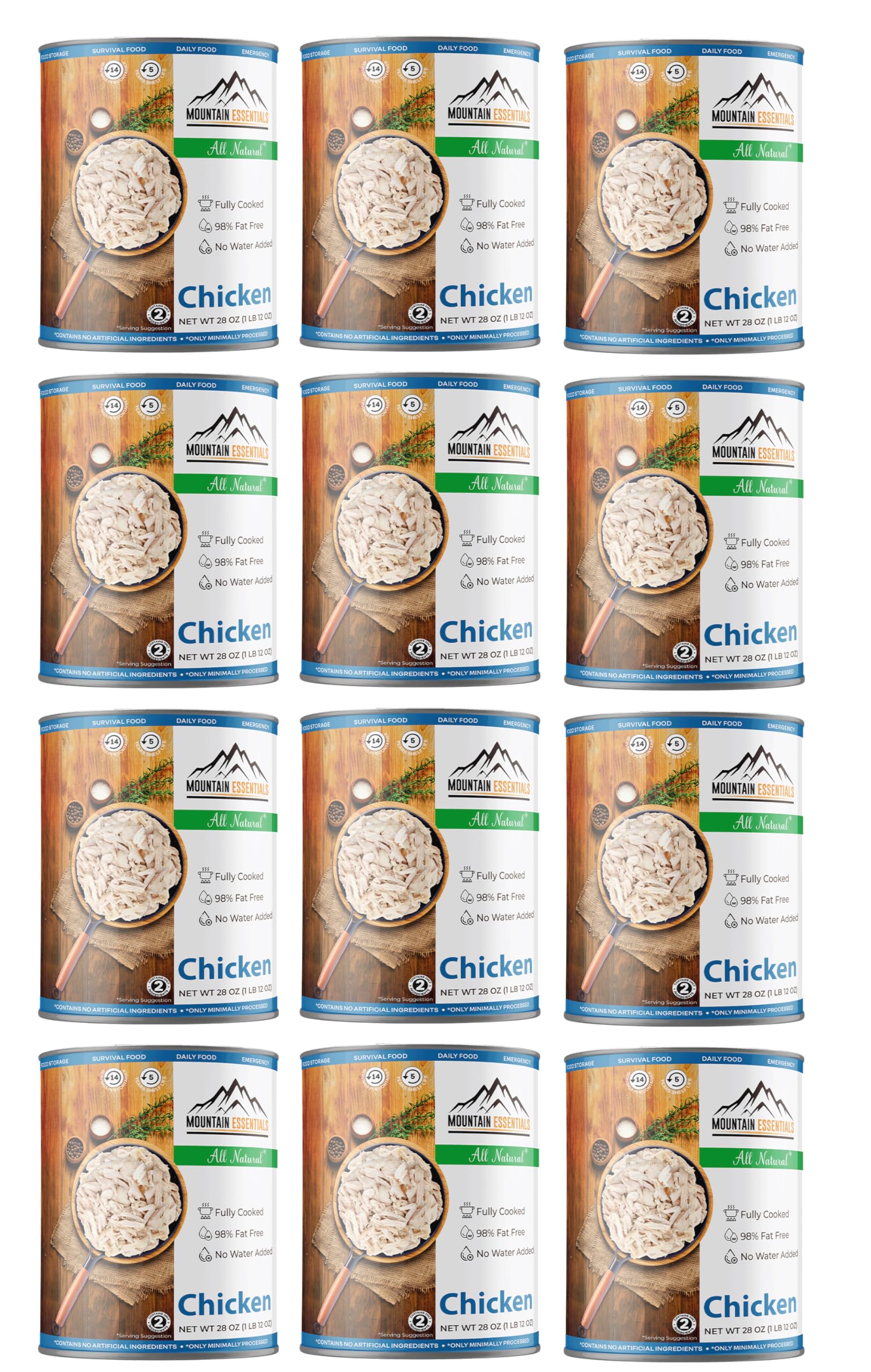 MOUNTAIN ESSENTIALS Fully Cooked Canned Chicken, White Meat, 28 Oz, Pack of 12 - Great for Meals, Camping & Emergency Food