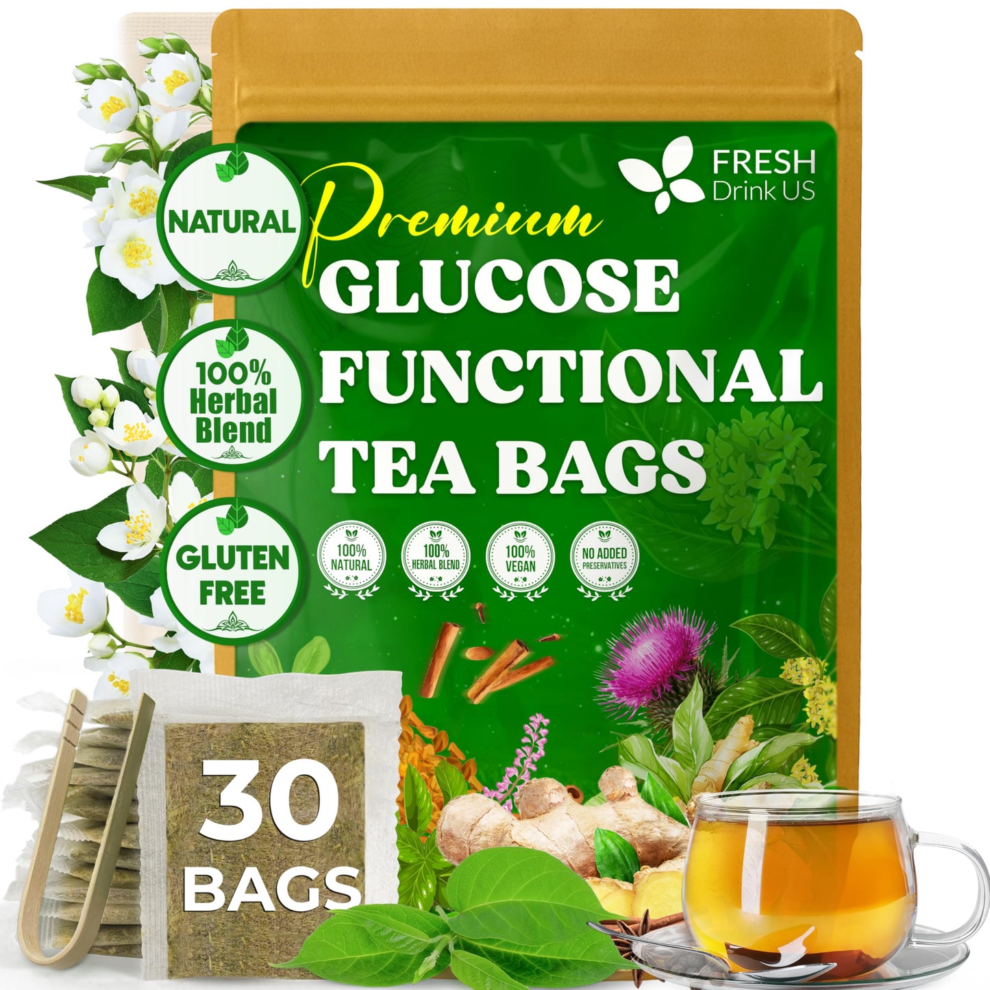FreshDrinkUS  enhanced 30 Tea Bags Glucose Functional Tea - Herbal Blend with Gymnema  Cinnamon  Bitter Melon  Tulsi & More -- Caffeine-Free. Sugar-Free. Gluten-Free. Vegan