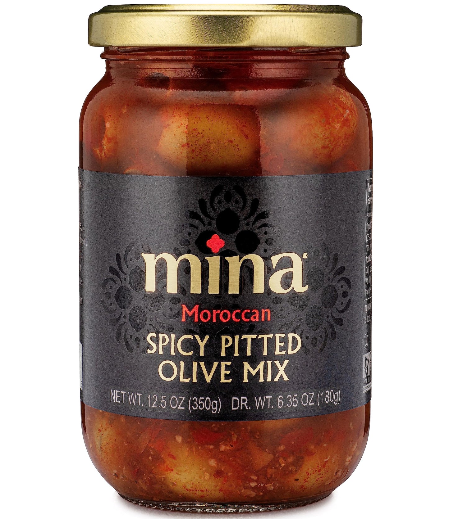 Mina Spicy Pitted Olive Mix, 12.5 oz - Premium Handpicked Moroccan Olives with Red Chili Pepper Harissa, Keto Friendly Spicy Oli
