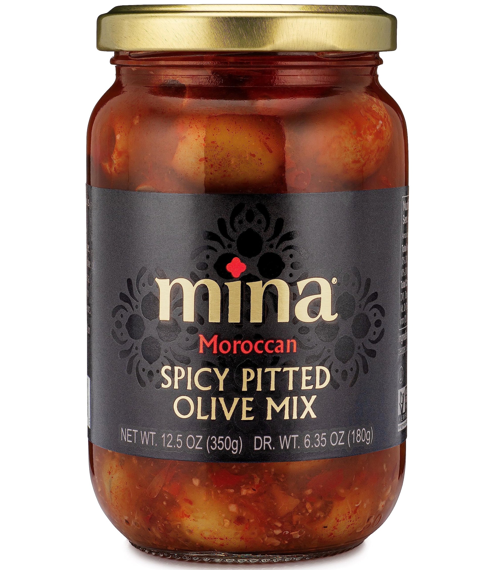 Mina Spicy Pitted Olive Mix, 12.5 oz - Premium Handpicked Moroccan Olives with Red Chili Pepper Harissa, Keto Friendly Spicy Oli