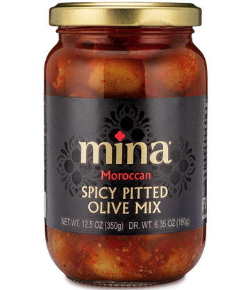 Mina Spicy Pitted Olive Mix, 12.5 oz - Premium Handpicked Moroccan Olives with Red Chili Pepper Harissa, Keto Friendly Spicy Oli