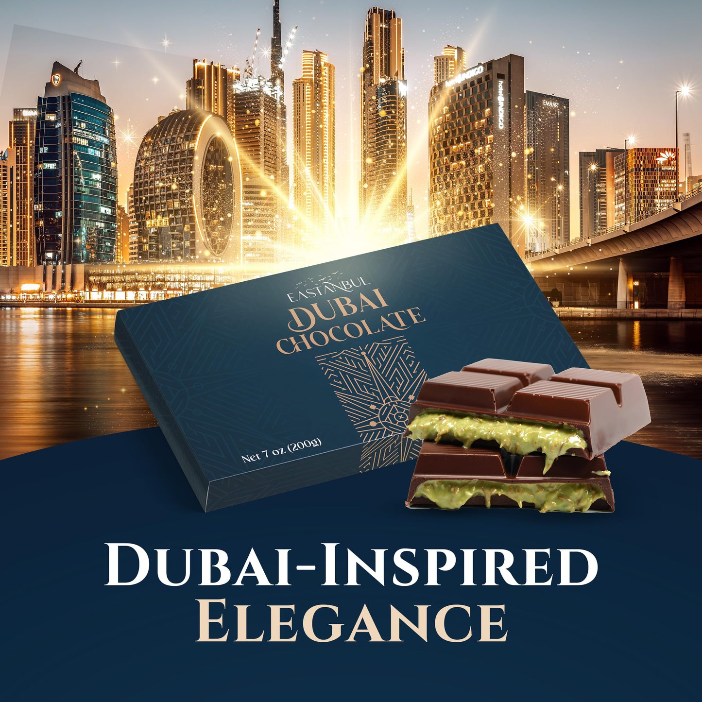 Eastanbul Dubai Dark Chocolate Bar Pistachio, 7Oz, Enhanced Belgium Chocolate, Pistachio Dubai Bar, Viral Candy With Shredded Phyllo Dough, Knafeh, Gift Box