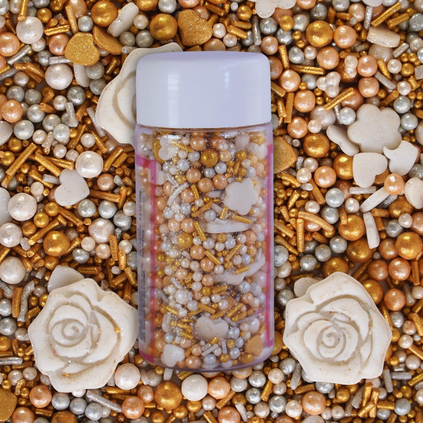Confect Edible Cake Decorations - White Rose Flowers with Gold & Silver Sprinkles Mix, Vegan, Gluten-Free, 4.2 Oz
