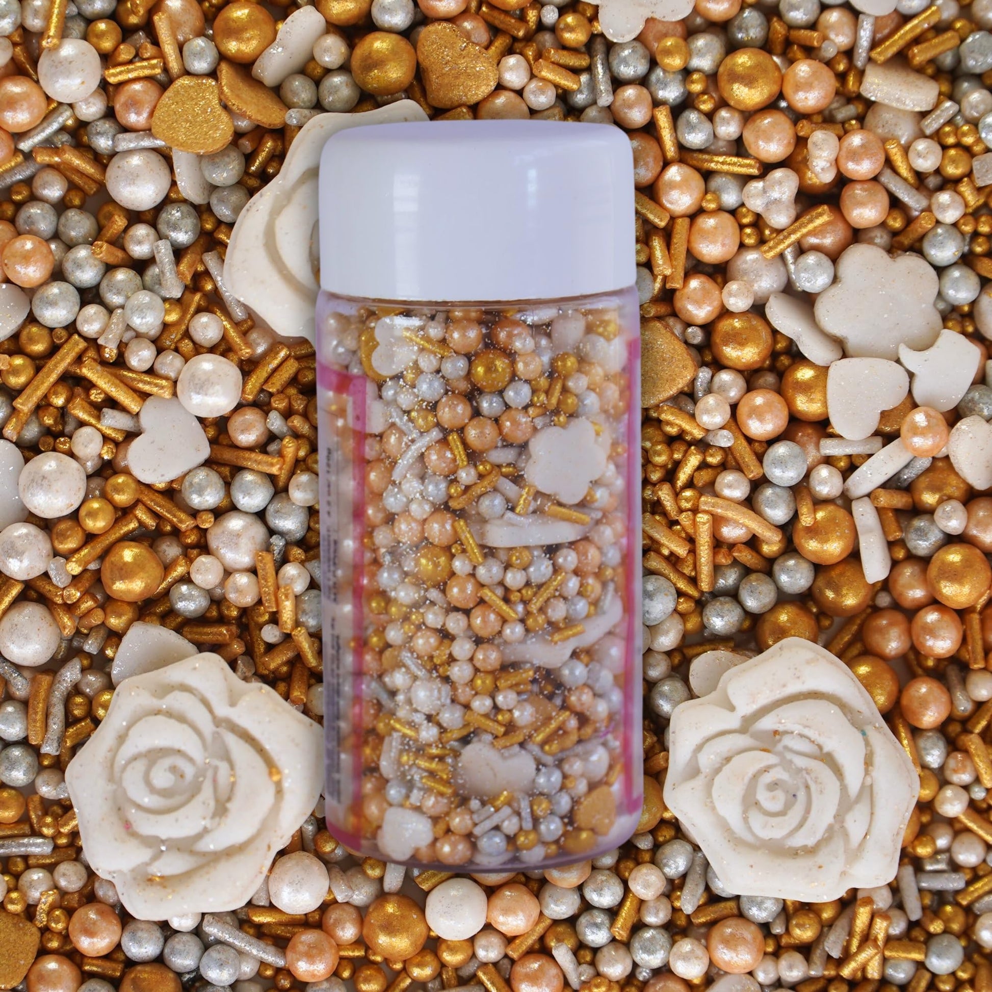 Confect Edible Cake Decorations - White Rose Flowers with Gold & Silver Sprinkles Mix, Vegan, Gluten-Free, 4.2 Oz