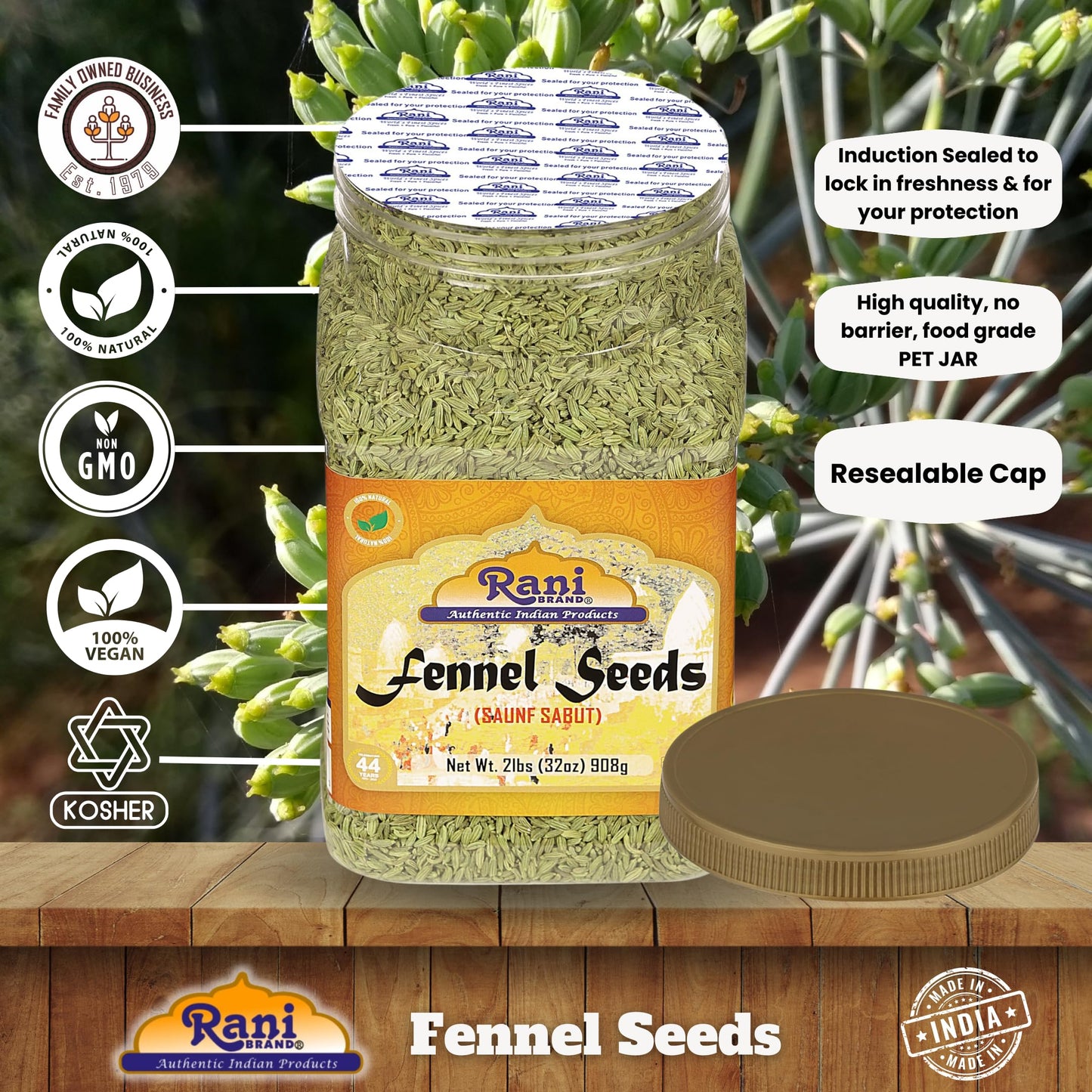Rani Fennel Seeds (Saunf Sabut) Whole Spice 32Oz (2Lbs) 908G Pet Jar All Natural Gluten Friendly Non-Gmo Vegan Indian Origin