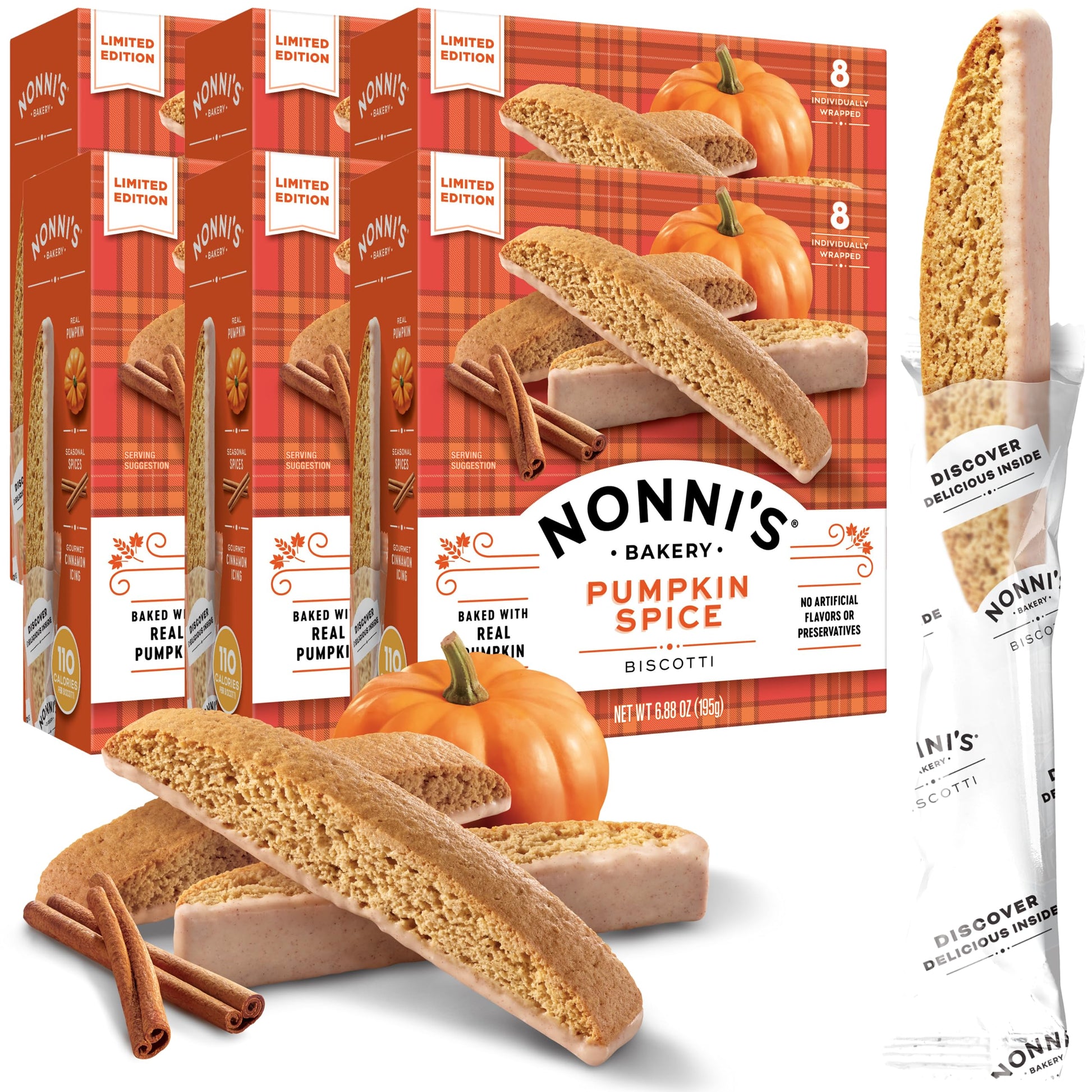 Nonnis Pumpkin Spice Biscotti Holiday Cookies - 6 Boxes Pumpkin Cookies - Pumpkin Biscotti w/Cinnamon Icing - Biscotti Individu