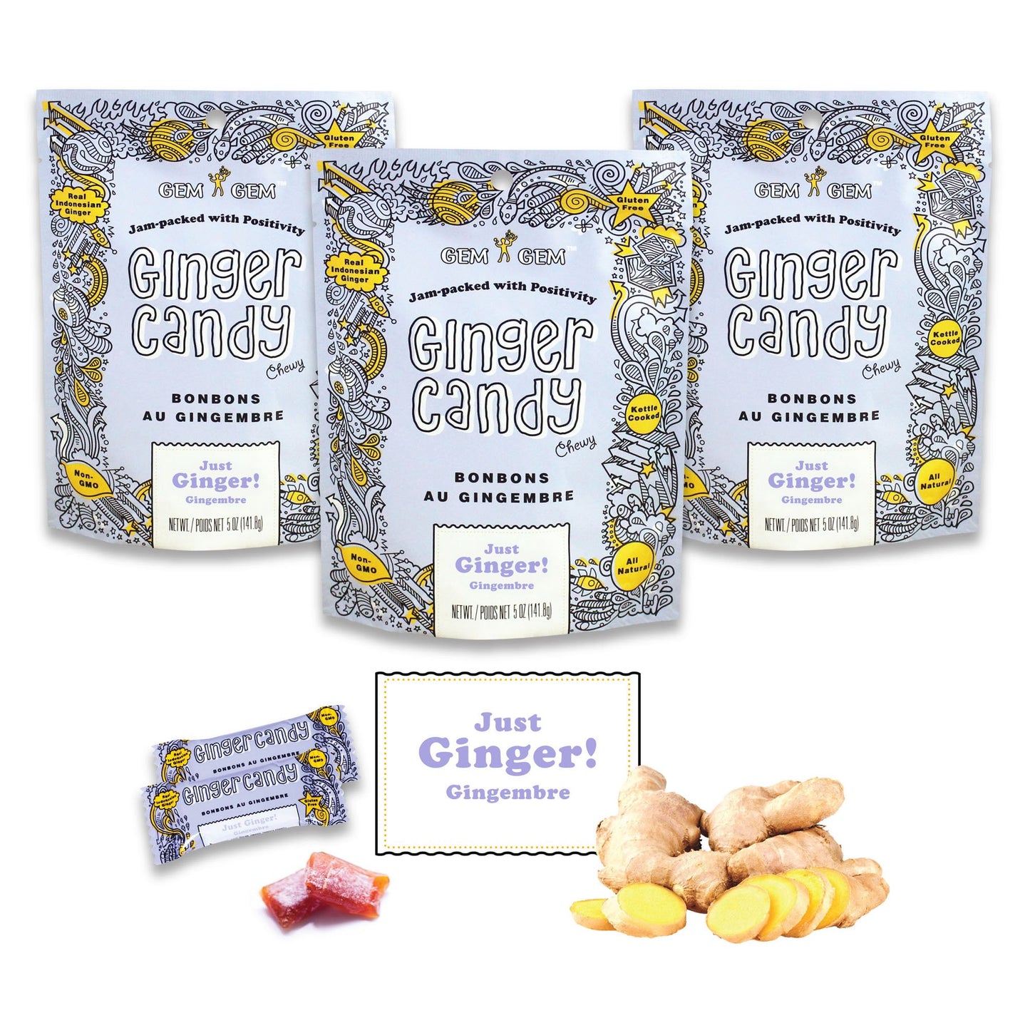 Gem Gem Ginger Candy Chewy Ginger Chews (Original, 5.0Oz, Pack Of 3)