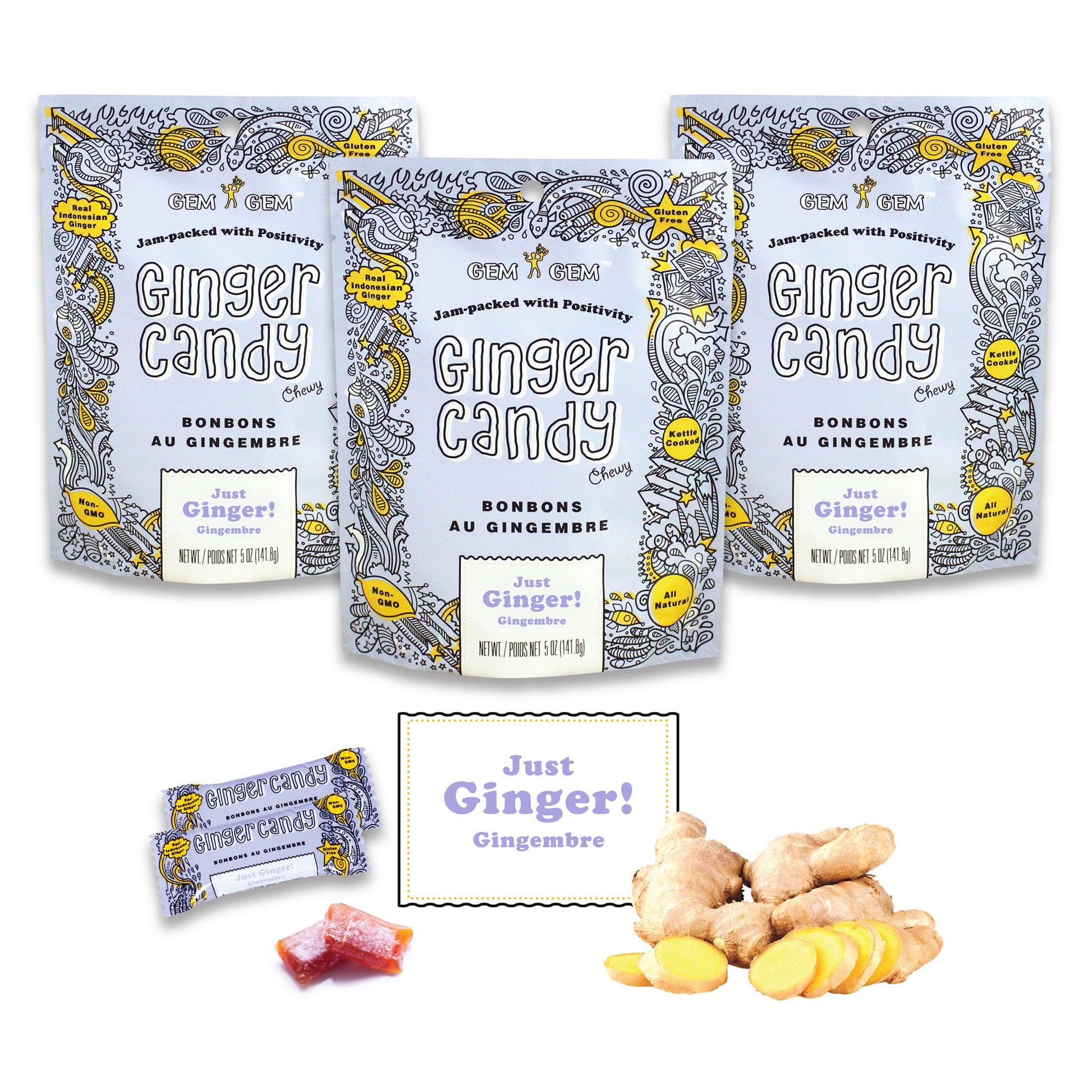 Gem Gem Ginger Candy Chewy Ginger Chews (Original, 5.0Oz, Pack Of 3)