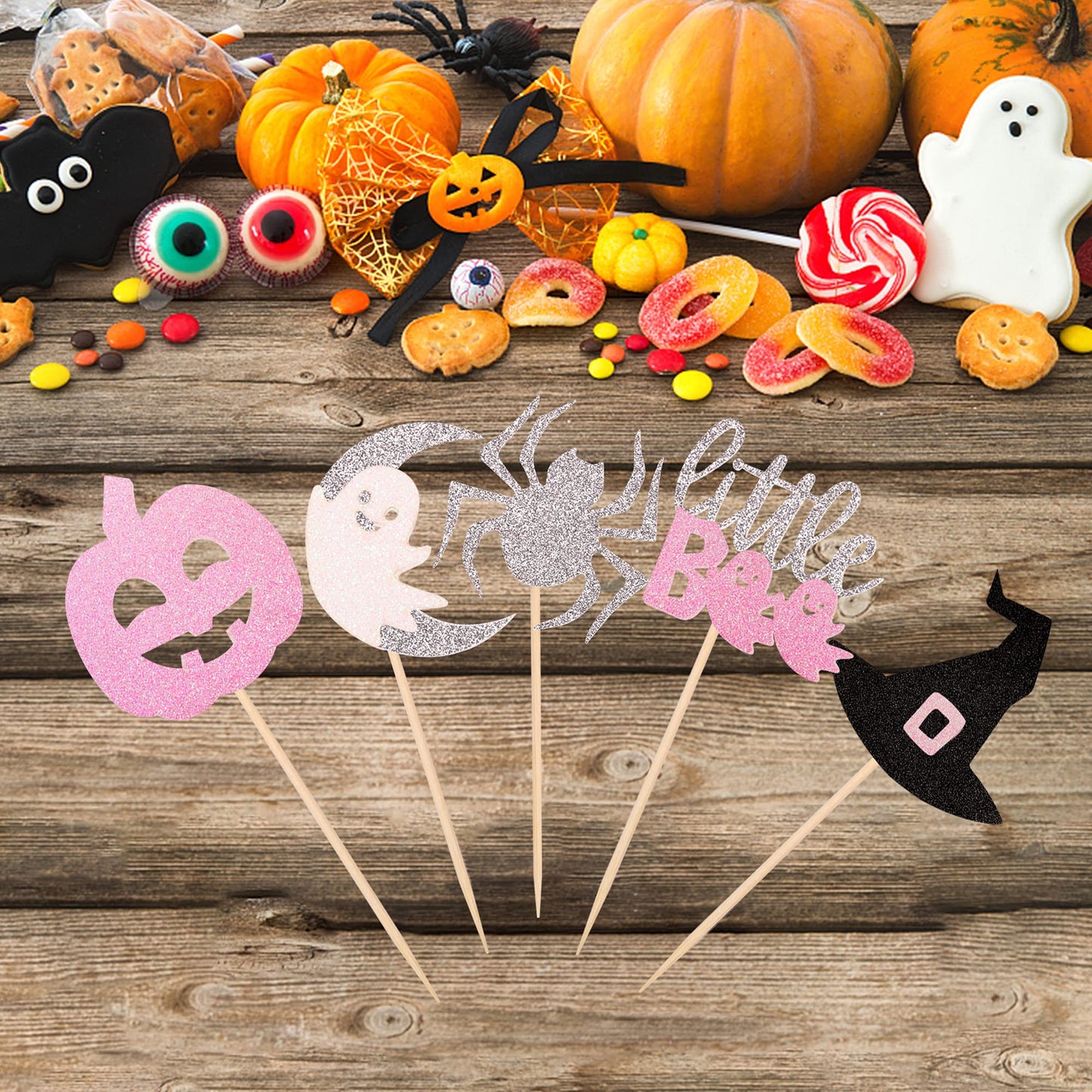 30 Pcs Halloween Cupcake Toppers Glitter Witch Hat Pumpkin Boo Ghost Spider Cupcake Picks Happy Halloween Theme Baby Shower Birt