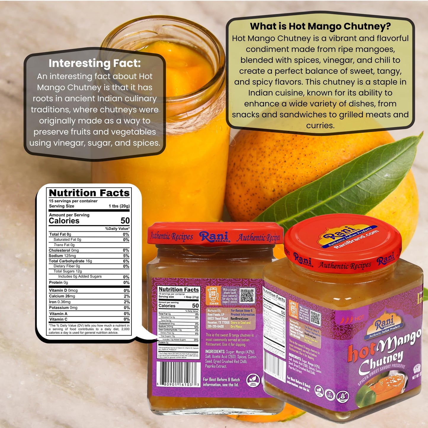 Rani Hot Mango Chutney (Spicy Indian Preserve) 12.5Oz (350G) Glass Jar, Ready To Eat, Vegan, Pack Of 5+1 Free ~ Gluten Free, All